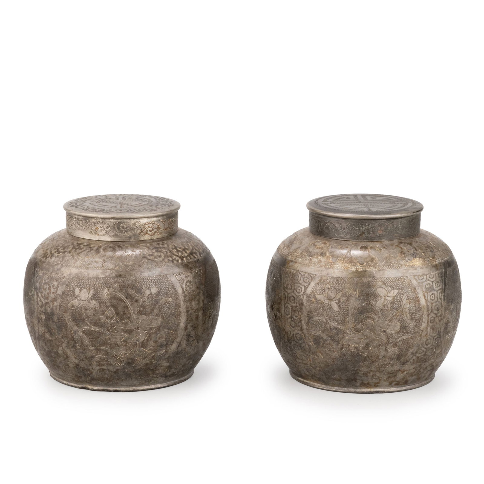 Pair of Antique Pewter Tea Caddies by Chen Qitai: One of the most respected pewter workshops of the late Qing period. Gracefully proportioned and richly decorated, the vessels combine refined craftsmanship with the understated beauty traditionally as