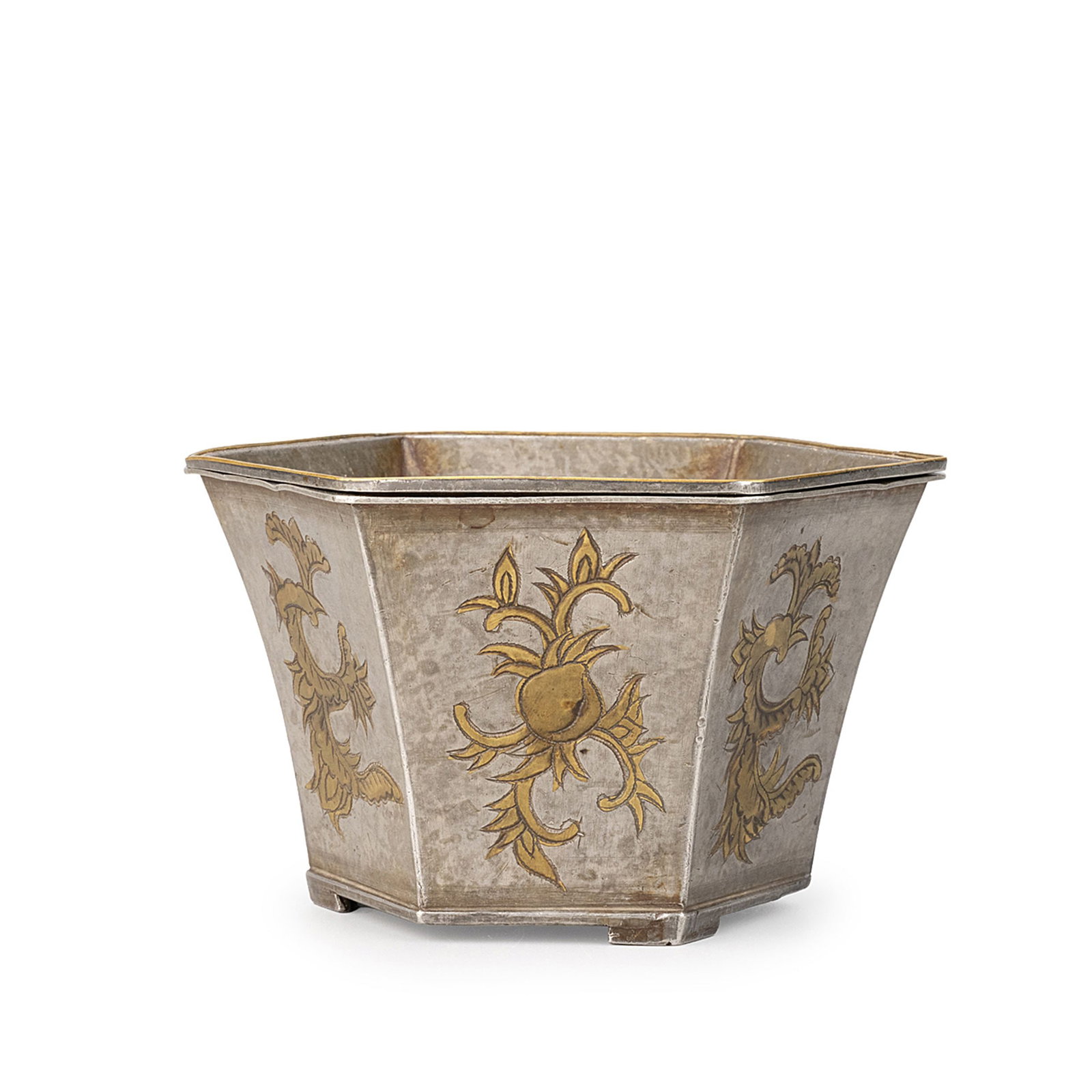 Antique Pewter Kensui by Ryuka Chomei: This antique pewter kensui [waste water vessel] bears the inscription "Ryuka Chomei." The vessel is formed in a graceful hexagonal shape with a flaring rim and a neatly proportioned foot, presenting a