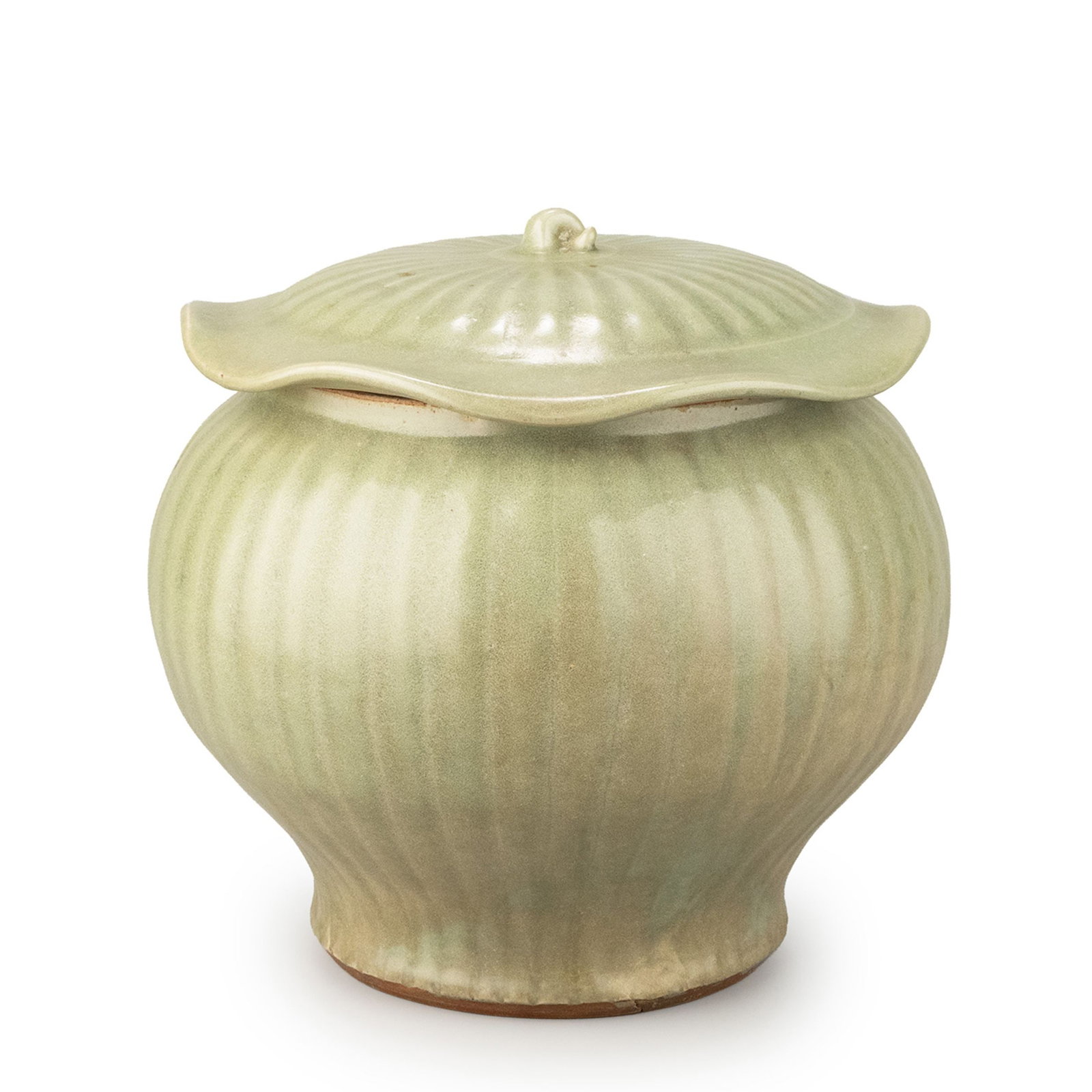 Longquan Celadon Covered Jar: This covered jar is fashioned in the style of Longquan celadon, featuring a rounded body with finely molded vertical ribs extending across both the vessel and its domed cover. The gently lobed rim of 