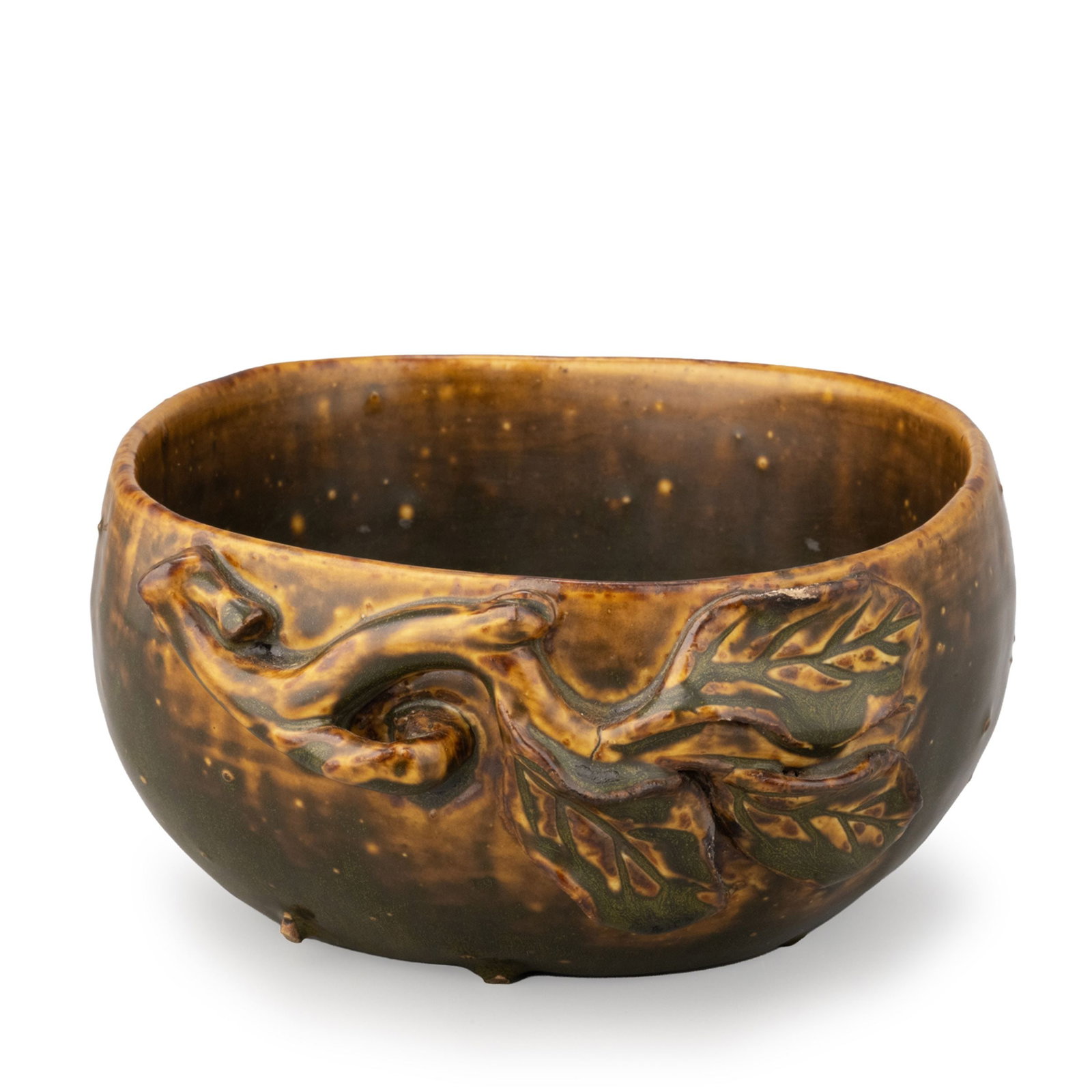 Bowl with Storage Box: This Jun ware-style foliate brush washer is modeled in the form of a natural fruit, its rounded body accented by applied branches and leaves rendered in bold relief. The sculptural decoration merges s