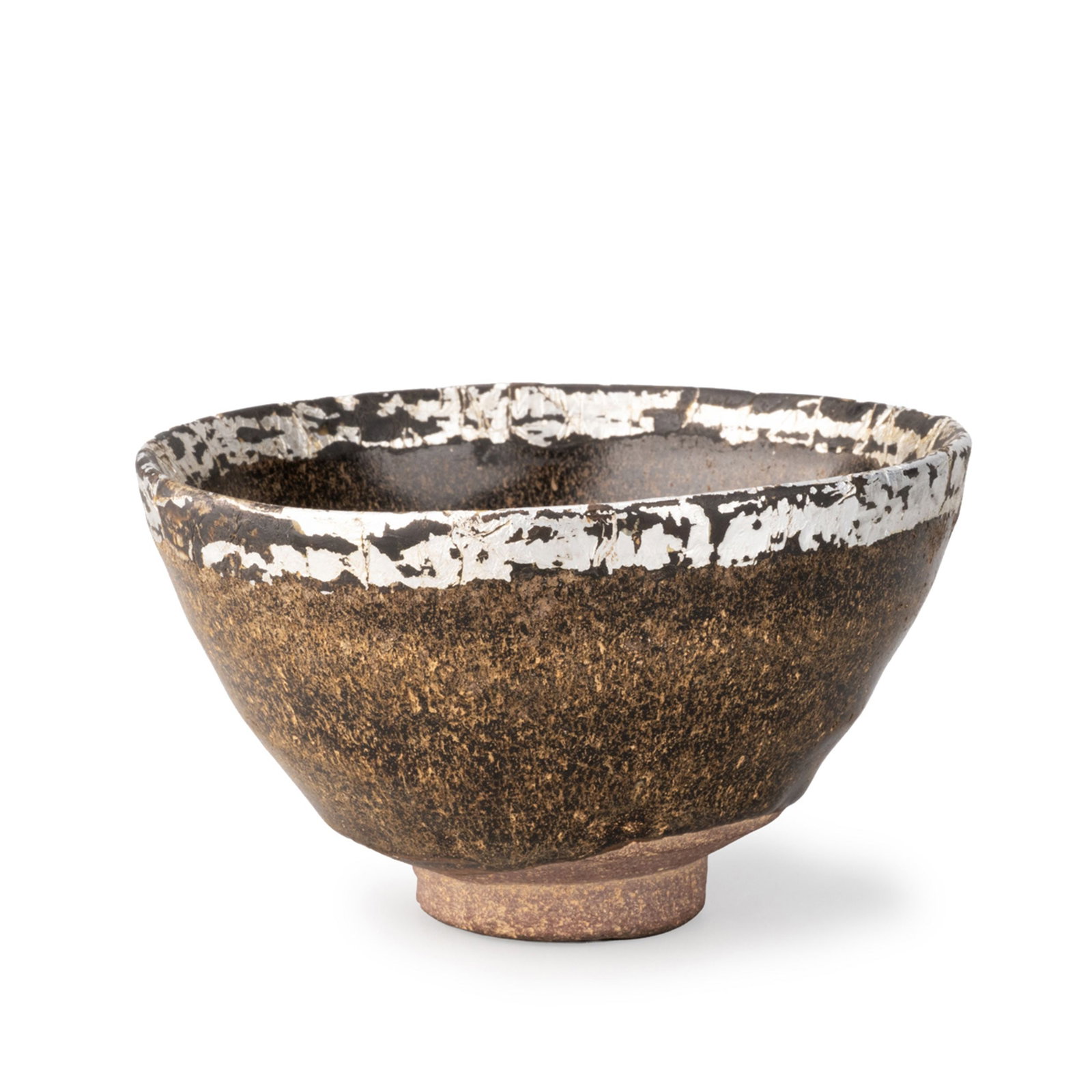 Tenmoku Tea Bowl: A finely potted Tenmoku tea bowl of conical form, covered with a rich dark glaze suffused with warm brown tones. The broad rim is accented by an expressive silvery glaze effect, creating a striking co