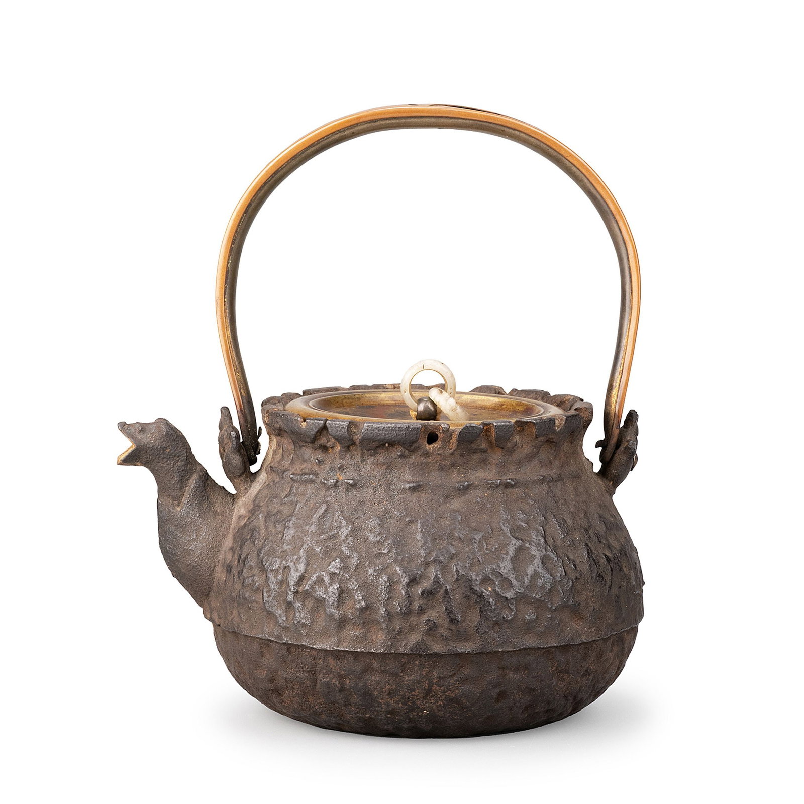 Iron Kettle by Ryubundo Yasunosuke, Tomobako: This cast iron kettle was made by Yasunosuke of Ryubundo and is accompanied by its original tomobako. The rounded body is finished with a distinctive rock-textured surface, creating a rugged yet refin