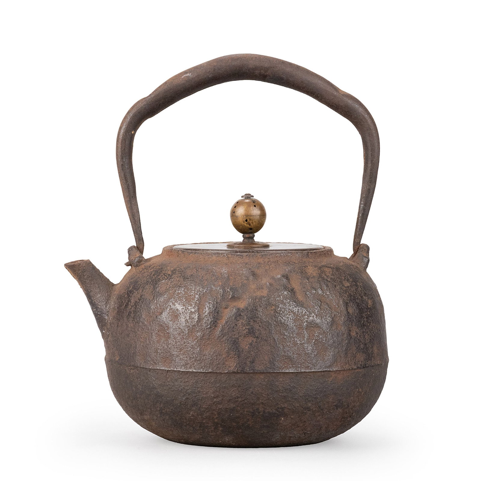 Iron Kettle: This cast iron kettle features a compact rounded body with a gracefully arched swing handle and a short, gently projecting spout. The naturally aged iron surface displays a rich patina, while the body