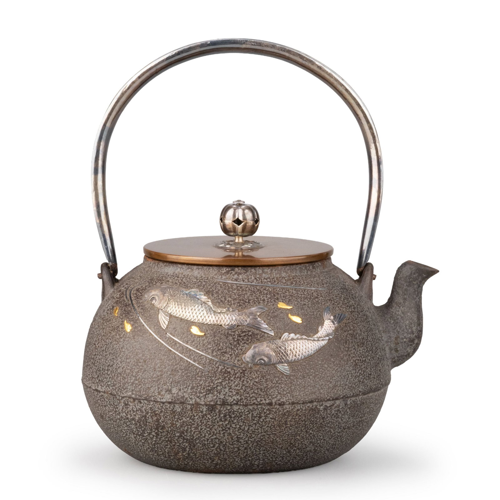 Iron Kettle with Gold & Silver Inlay, Tomobako: This hoboshu-shaped iron kettle was crafted by Seikindo and is accompanied by its original tomobako. The rounded body features a finely textured hammered surface, complemented by a silver swing handle