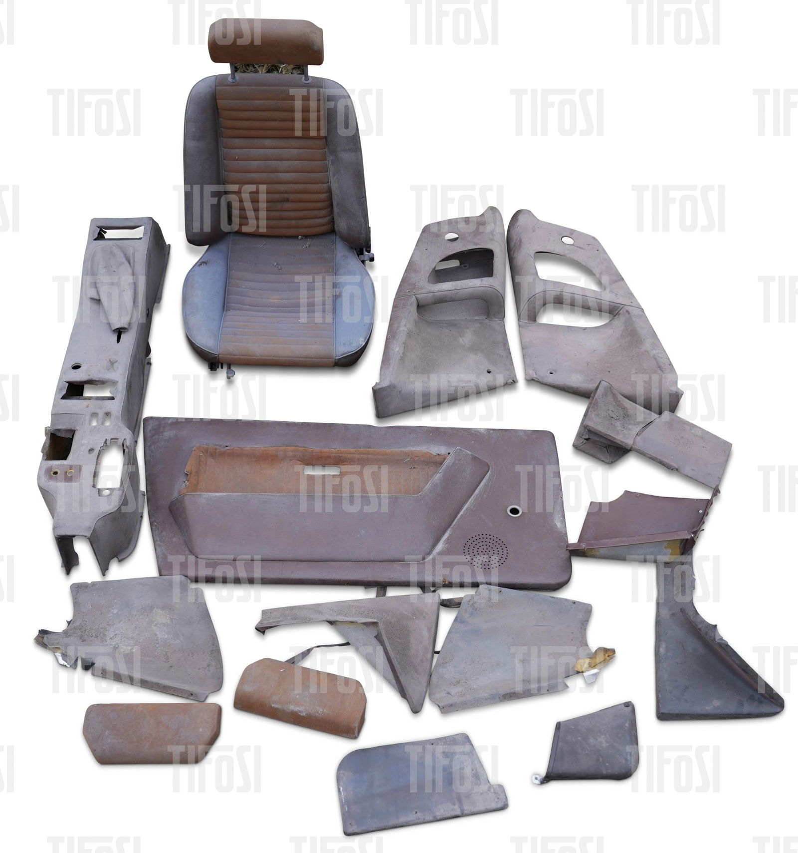 Ferrari 308 GT4 Dino Interior Brown: Part of an interior from a Ferrari 308 GT4 Dino, in brown vinyl and brown cloth. Front seat is complete with runners and reclining mechanism