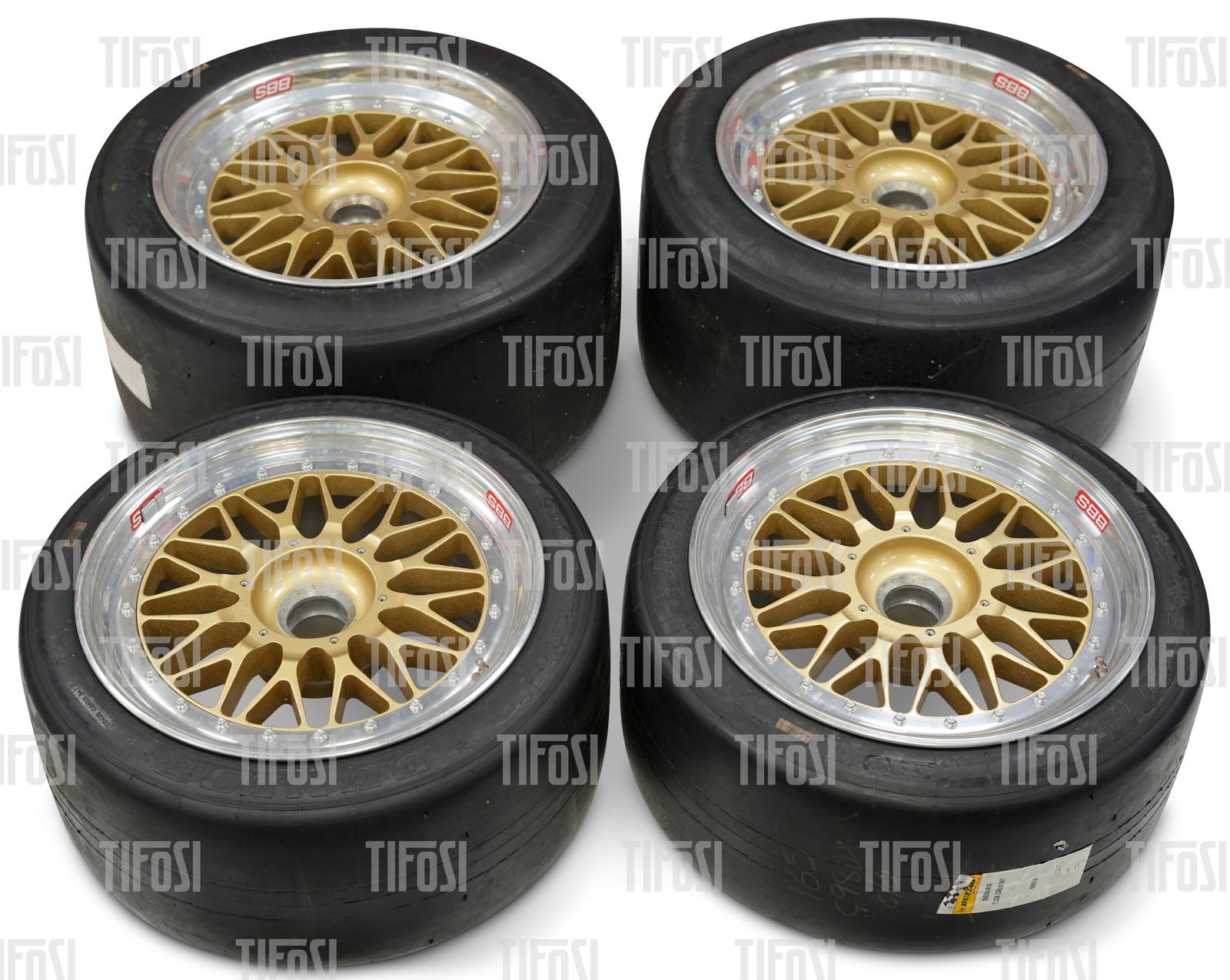 Ferrari F40 BBS Wheel Set: A set of 18 inch centre lock BBS wheels to suit Ferrari F40 and others. Presented in very good unused condition, shod with four unused Dunlop Sport slicks. Very rare.