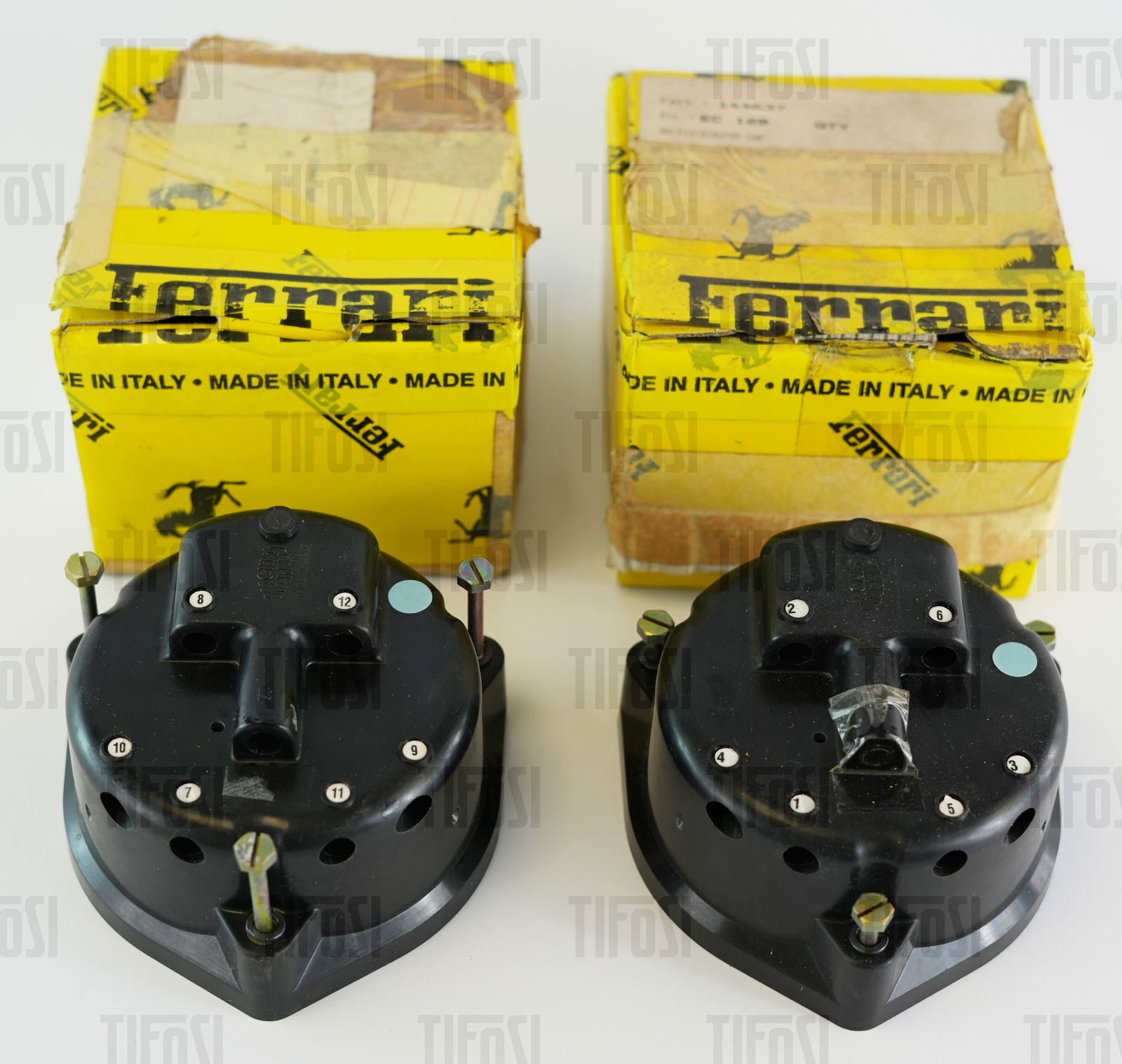 Ferrari 250 275 330 365 Marelli Distributor Caps NOS: A pair of new old stock Magneti Marelli distributor caps to suit Ferrari 250, 275, 330 and 365. Still in Ferrari boxes.