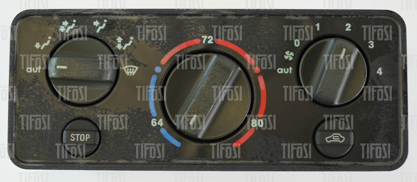 Ferrari 550 Maranello Heater Control Panel: A used heater control panel from a Ferrari 550 Maranello. The surface has become sticky, otherwise ok.