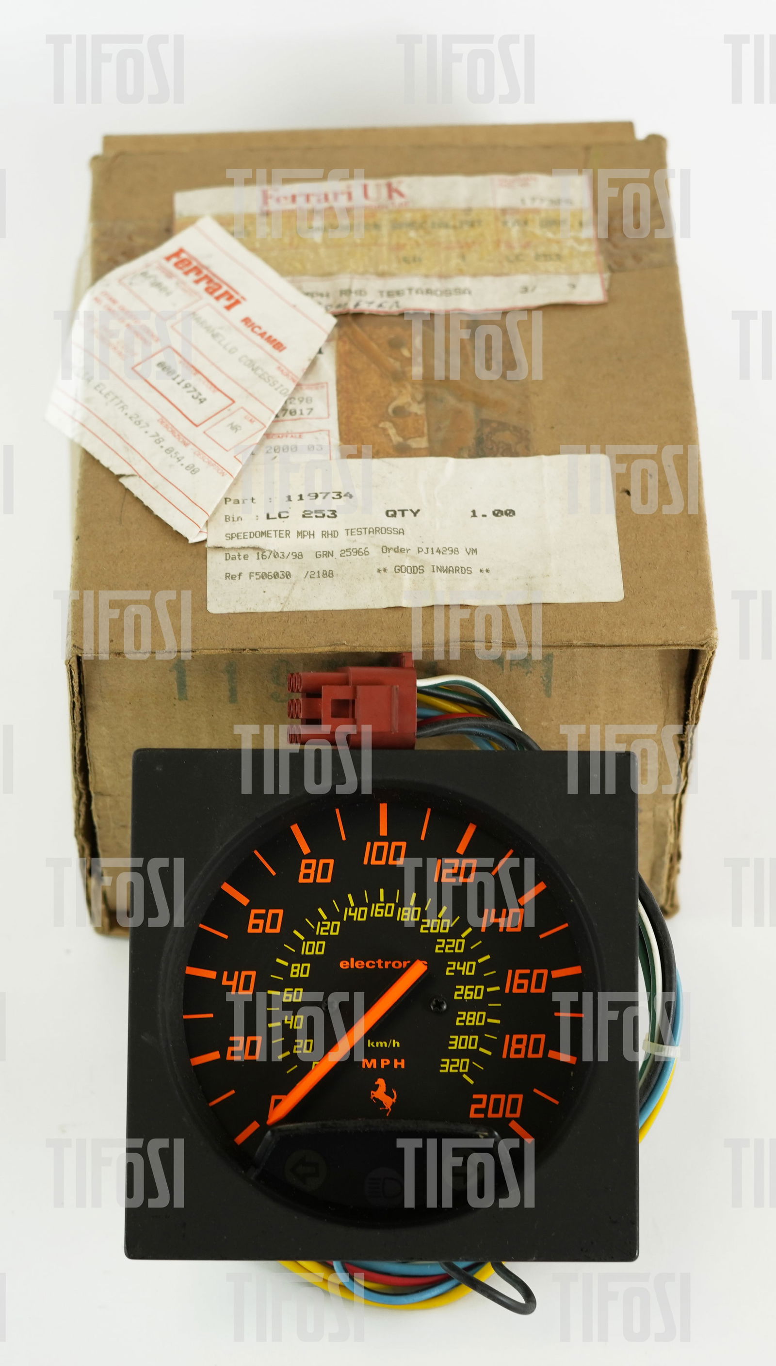 Ferrari Testarossa Speedometer NOS: A new old stock Ferrari Testarossa speedometer, still in factory packaging.