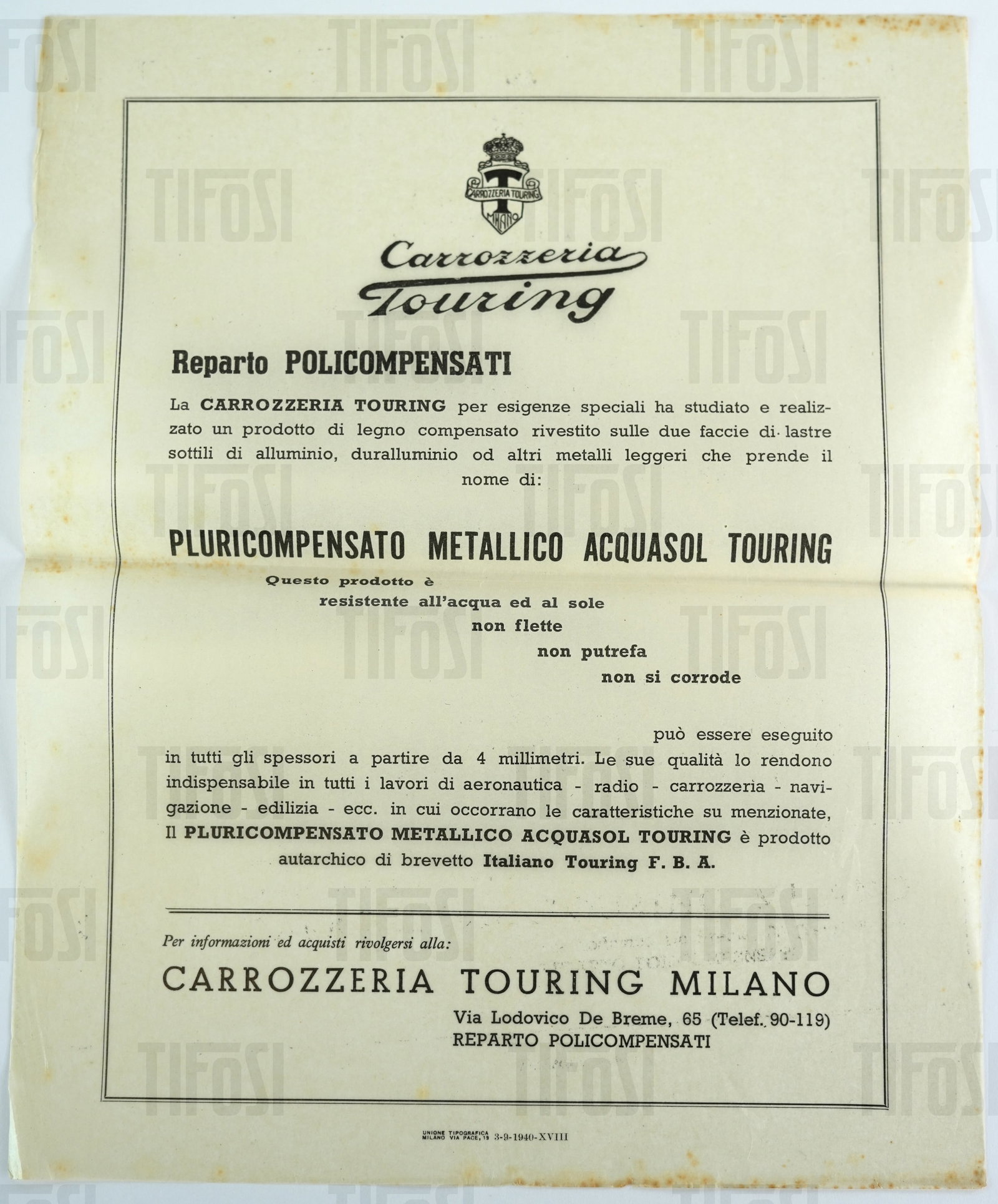 Carrozzeria Touring Acquasol Velina Flyer: A rare original velina flyer produced by Touring advertising their new Acquasol protective coating. Dated 1940, horizontally folded otherwise good, 28.5x23 CM.