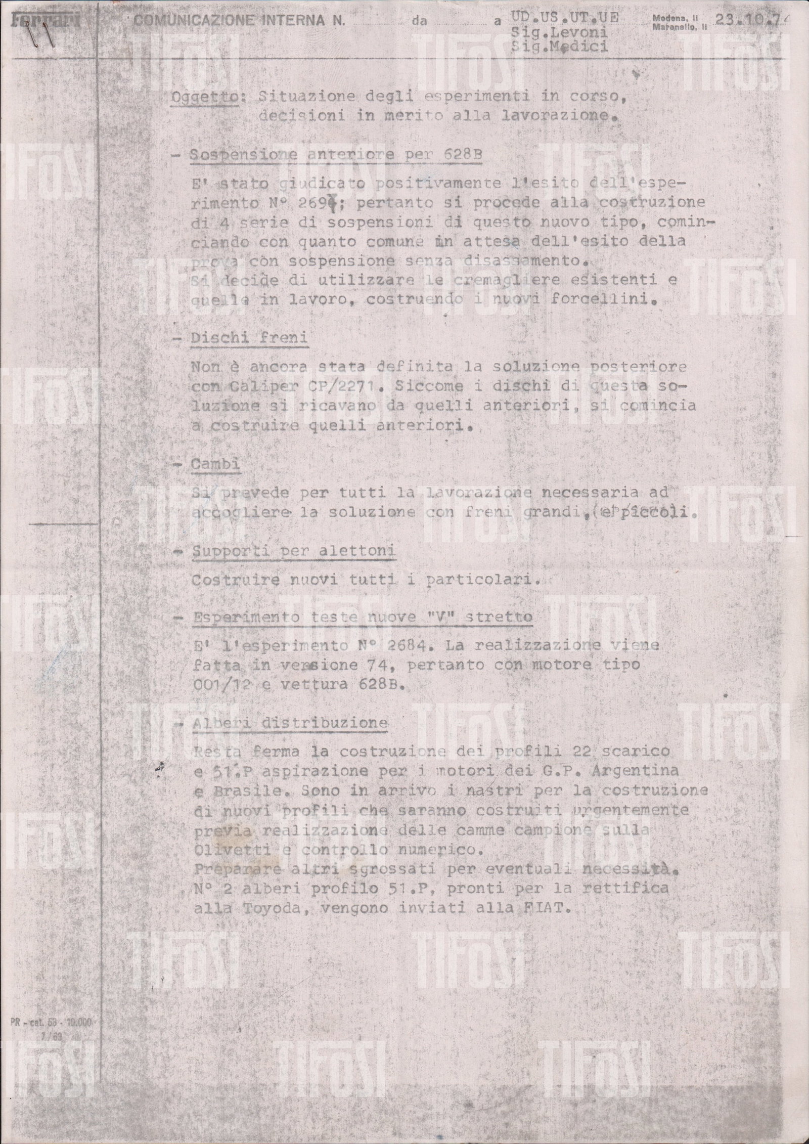 Renzo Medici Estate: 1974 Ferrari Internal Memorandum - 312 B3 Development Forghieri Signed: The document outlines the status of ongoing experimental programmes and technical decisions relating to the 628B (312 B3), including developments to front suspension assemblies, brake discs, gearboxes
