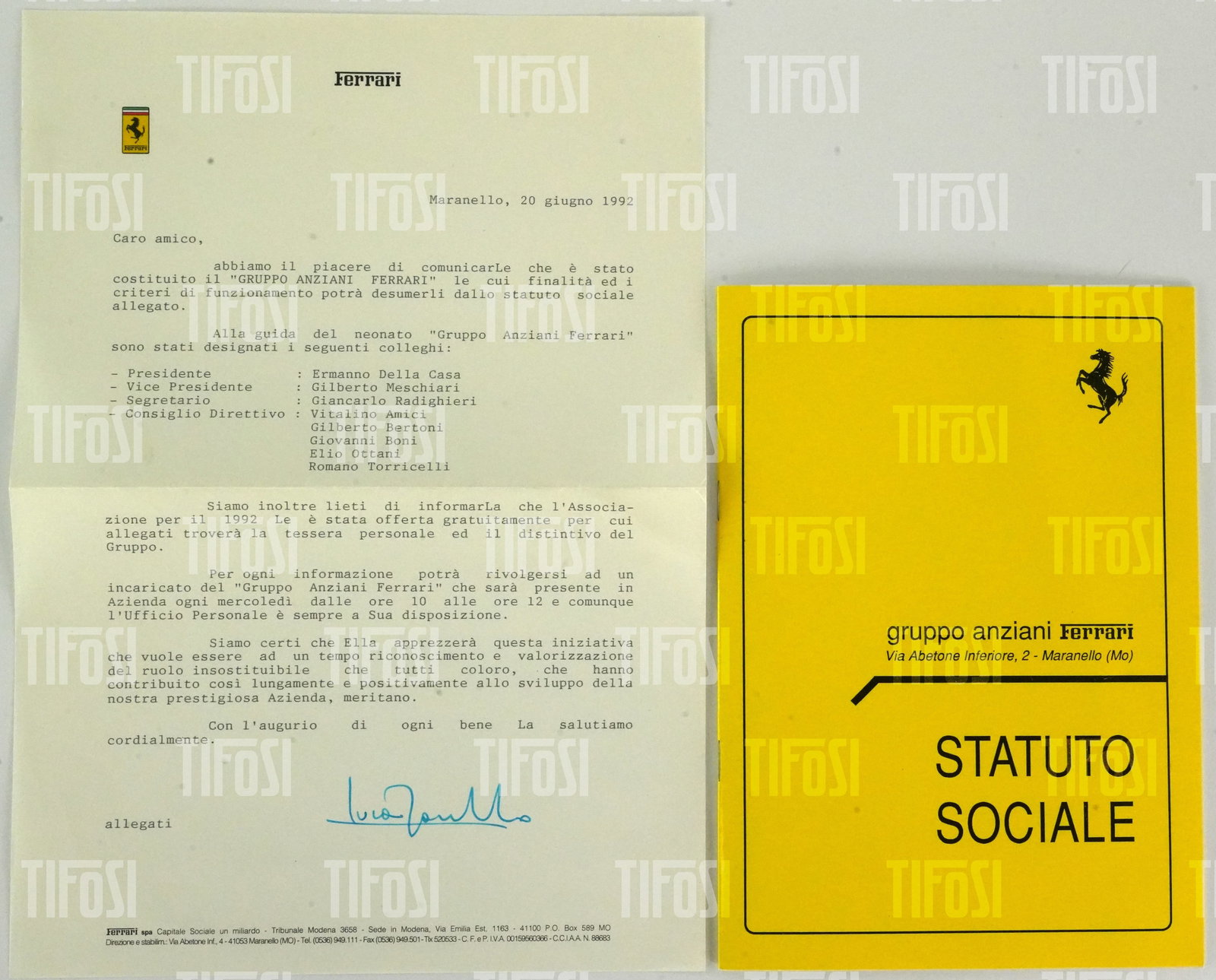 Renzo Medici Estate: 1992 Ferrari “Gruppo Anziani Ferrari” Founding Letter Signed by Mon (1 of 4)