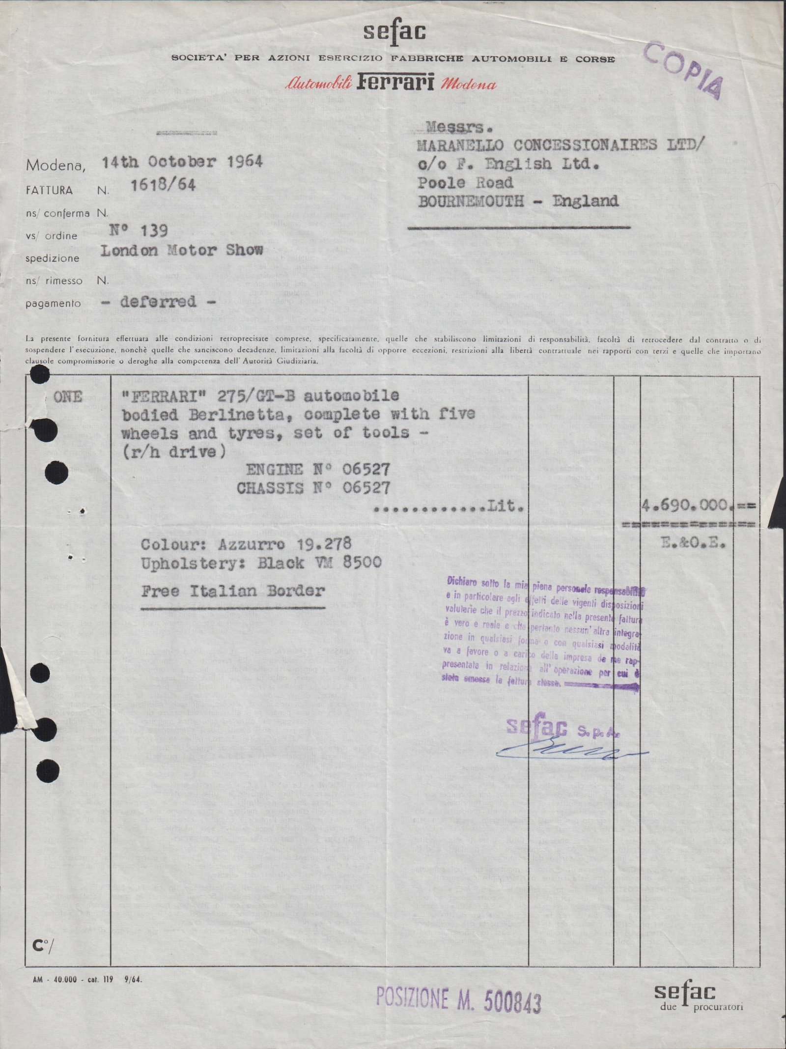 1964 Ferrari 275 GTB 06527 Original Factory Invoice: The original factory invoice for Ferrari 275 GTB chassis 06527, delivered specifically to be in time for the 1964 London Motor Show as detailed on the invoice. A wonderful find for the owner of this s