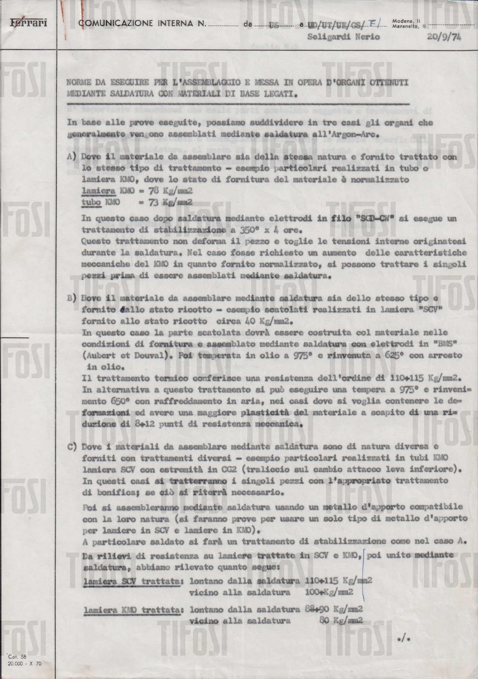 Renzo Medici Estate: 1974 Ferrari Reparto Corse Internal Memorandum Signed by Mauro Forghieri: Dated 20 September 1974, this original two-page Ferrari Comunicazione Interna sets out detailed technical guidelines concerning the assembly and welding of components manufactured from alloyed base ma