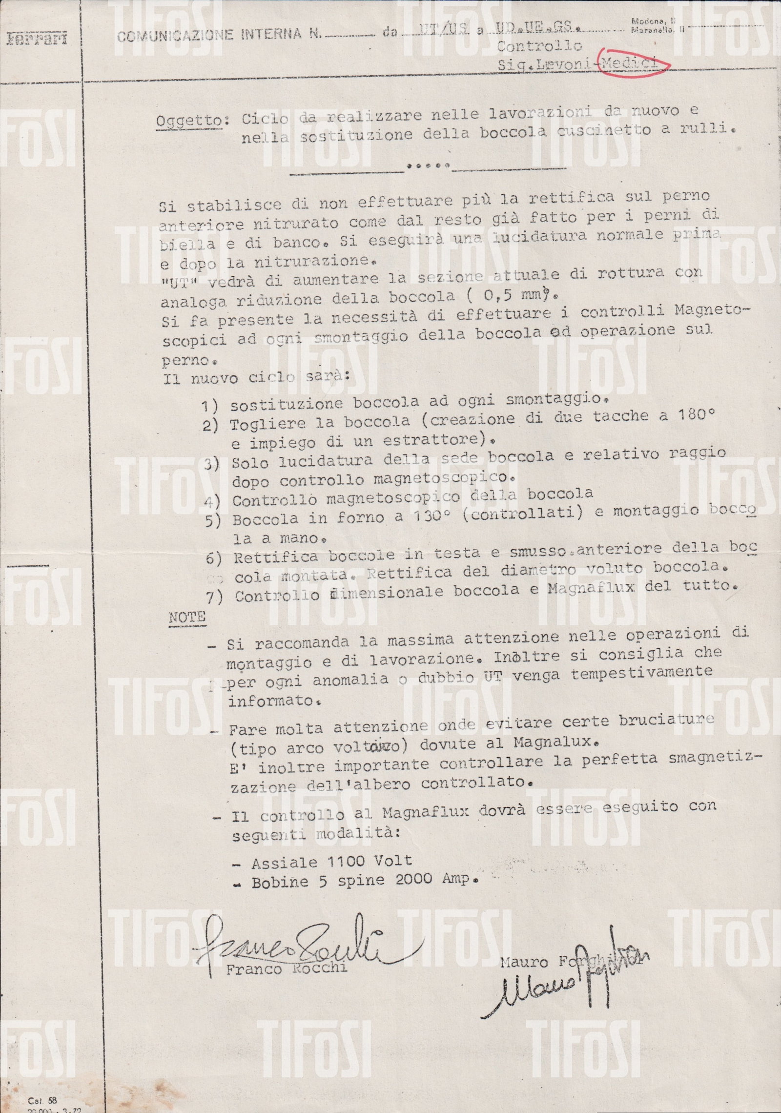 Renzo Medici Estate: 1970 Ferrari Reparto Corse Internal Communication – Bearing Machining: Original Ferrari internal technical memorandum outlining the machining and replacement procedure for a roller bearing bushing, including polishing, nitriding considerations, dimensional grinding, and 