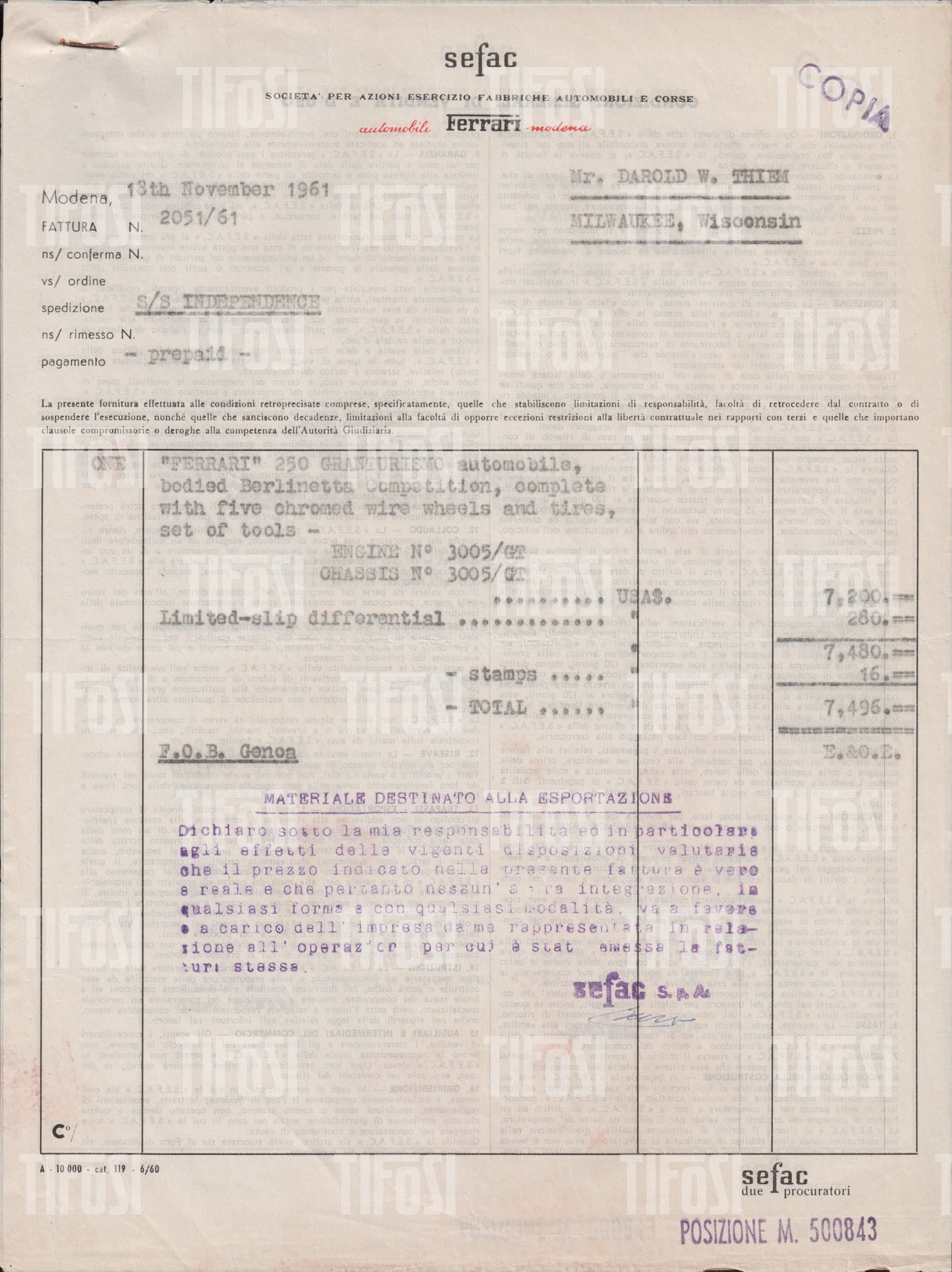 1961 Ferrari 250 SWB Competizione 3005GT Factory Invoice: An exceptionally important original Ferrari factory invoice, issued by SEFAC in Modena and dated 18 November 1961, pertaining to the Ferrari 250 GT SWB Berlinetta Competizione, chassis no. 3005 GT. Th