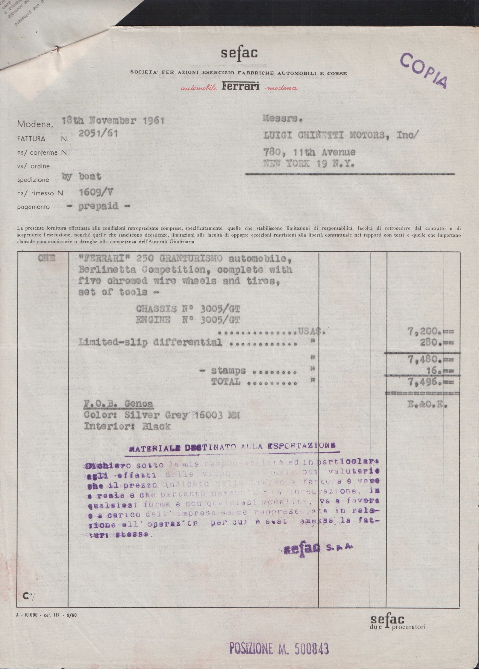 1961 Ferrari 250 SWB Competizione 3005GT Factory Invoice - 2