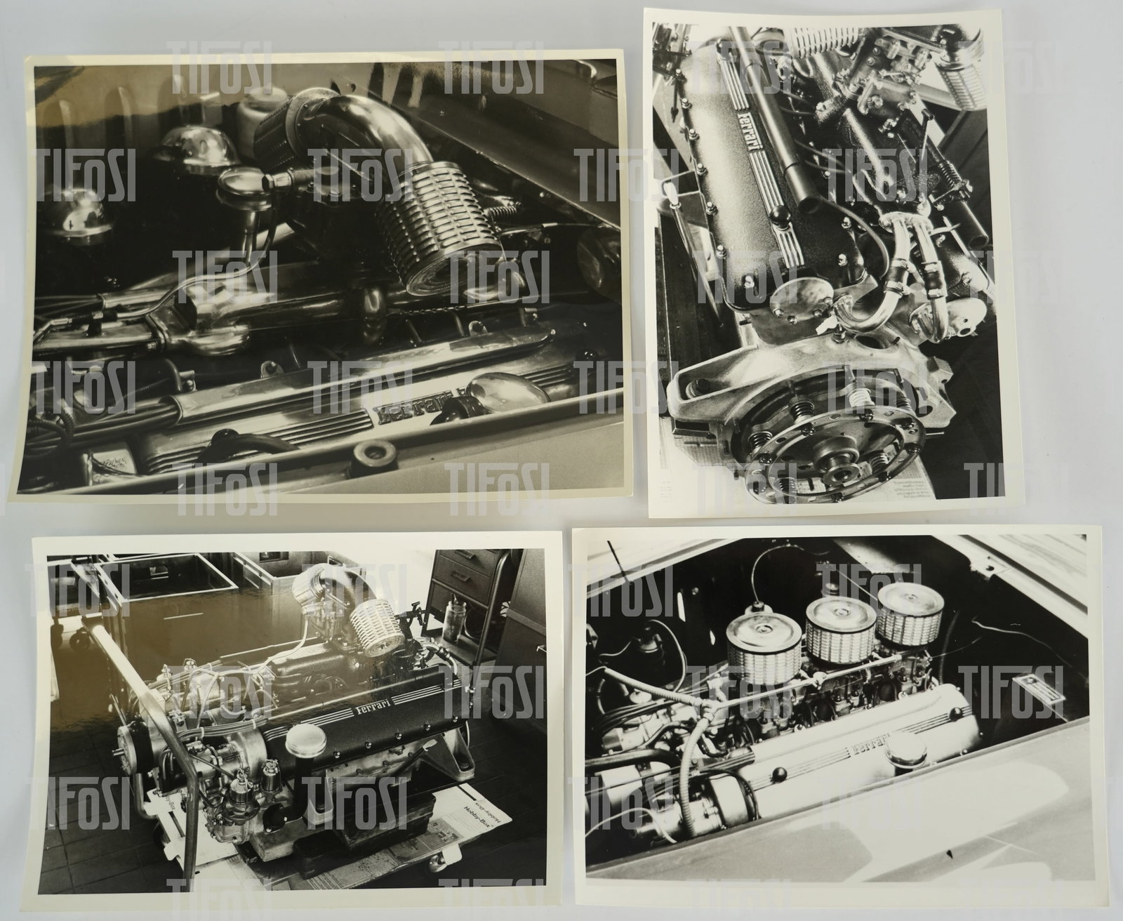 Ferrari Colombo V12 Engine Photographs: Four b&w photographs of early Ferrari Colombo V12 engines, various sizes.