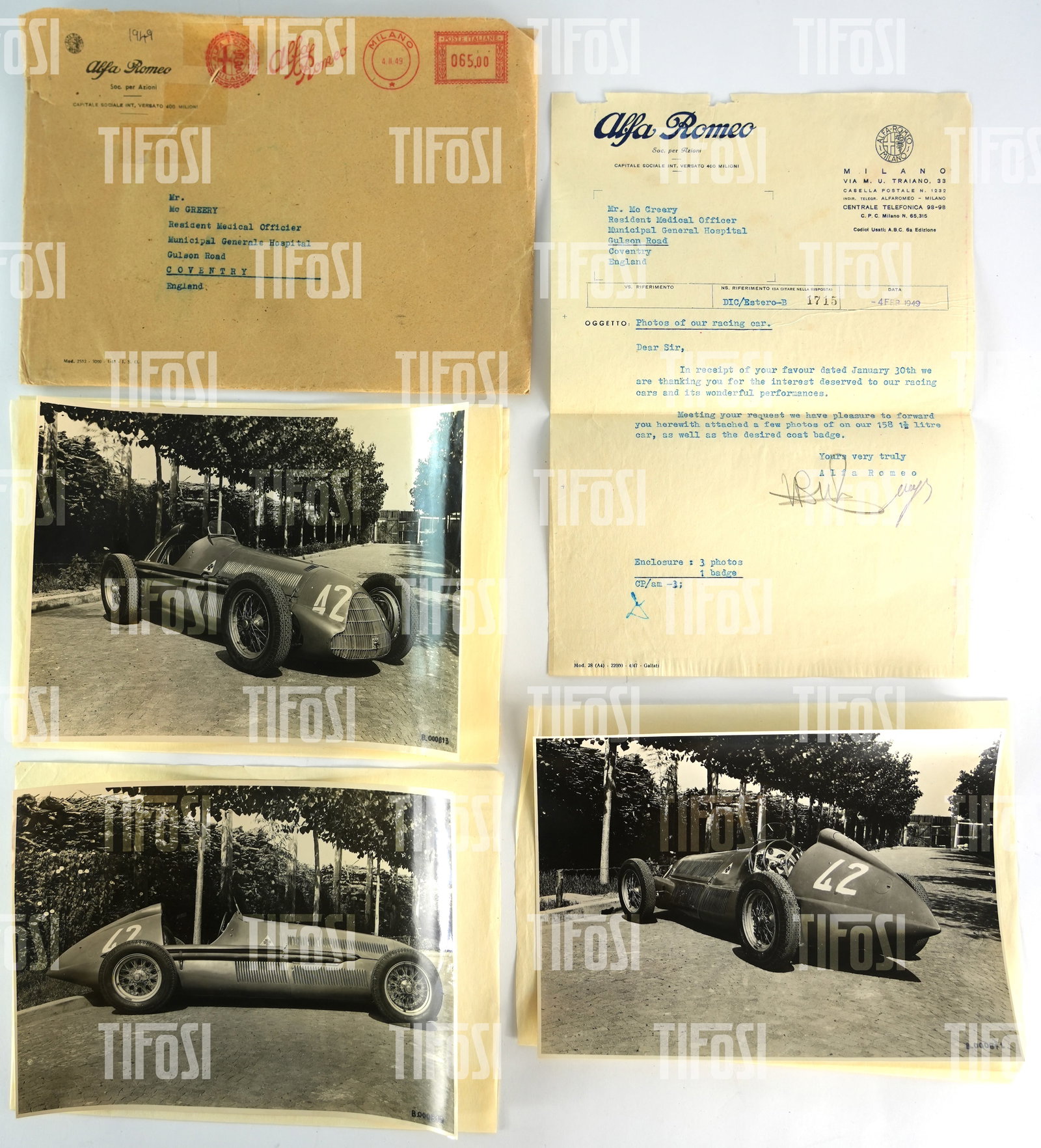 1949 Alfa Romeo 158 Photographs & Letter: A set of three official Alfa Romeo press photographs of the Alfa Romeo 158, along with a letter and envelope from Alfa Romeo addresed to Mr. Mc Creary who had expressed interest in the car. Photos