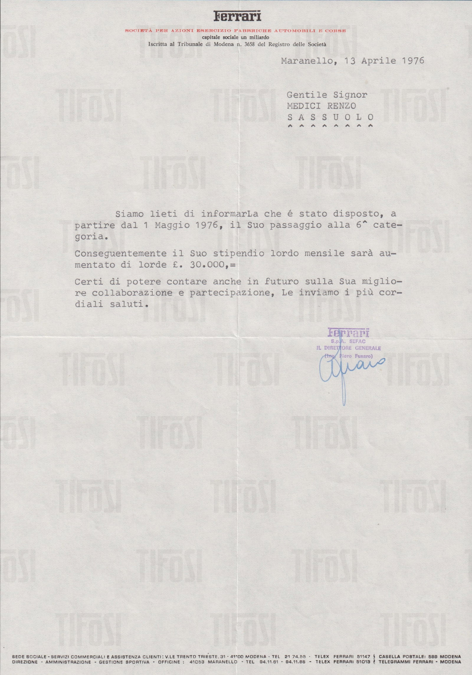 Renzo Medici Estate: 1976 Ferrari Promotion Letter With Envelope (1 of 3)