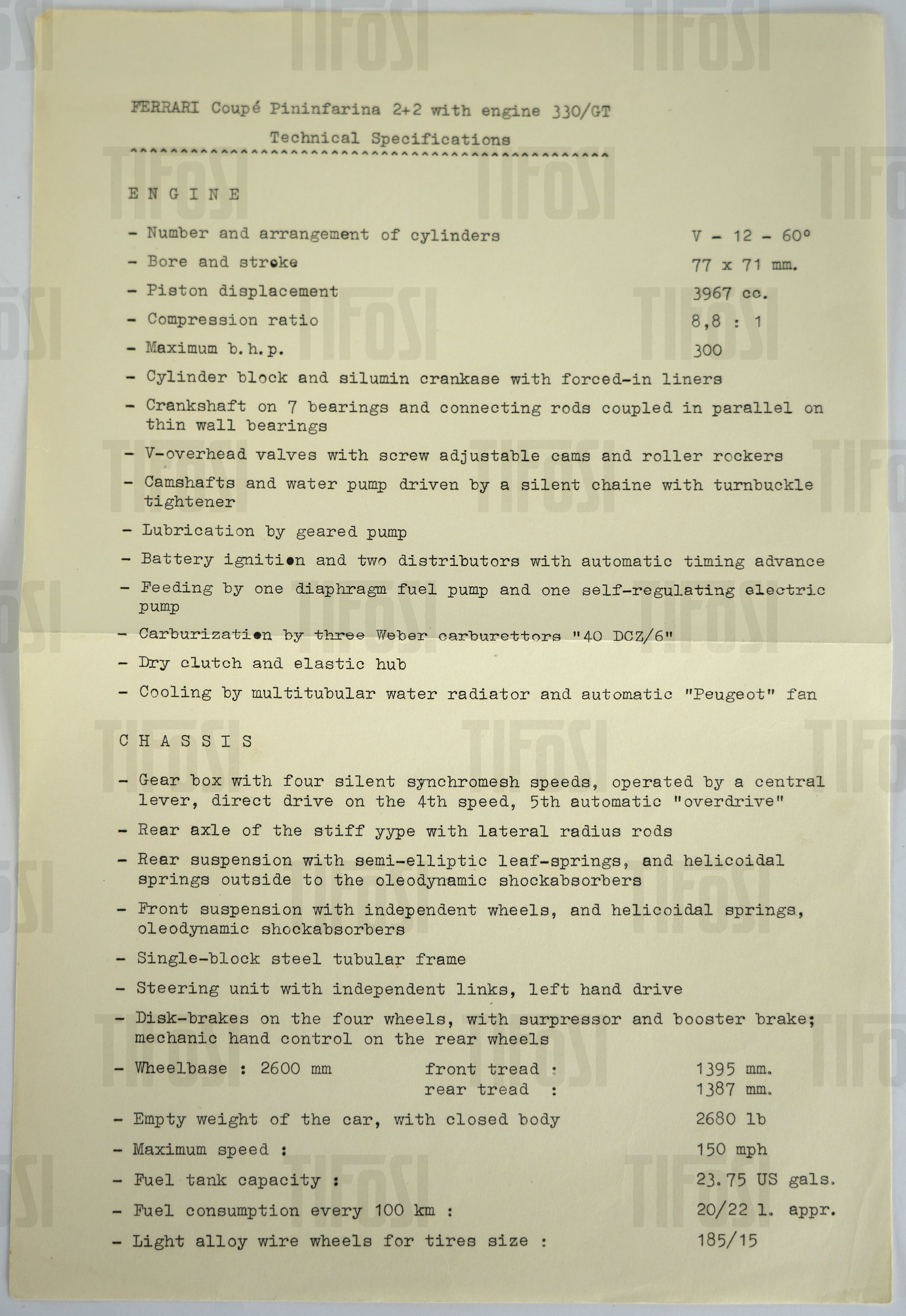 Ferrari 330 GT Technical Specification Sheet: A rare original technical specification sheet for the Ferrari 330 GT 2+2. English text, Centrally folded, otherwise good. 31.5x22 CM. 