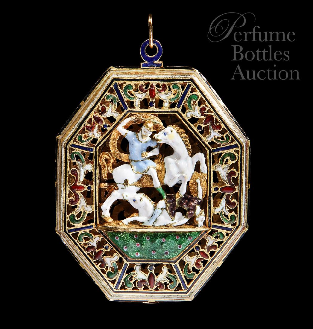 1850 Renaissance Revival 22K Gold Vinaigrette: Mid-19th century French Renaissance Revival vinaigrette pendant, 22K gold high relief image of “St. George and the Dragon,” floral motif centered on back, both framed in elaborate pierced scrollwo