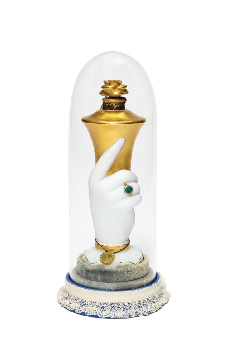 1940 Baccarat, Elizabeth Arden It’s You Perfume Bottle: 1940 Baccarat for Elizabeth Arden It’s You white crystal figural hand perfume bottle and rose stopper, gilt detail, cord seal, metal hangtag label, Baccarat mark. Original crystal dome on velvet/lac