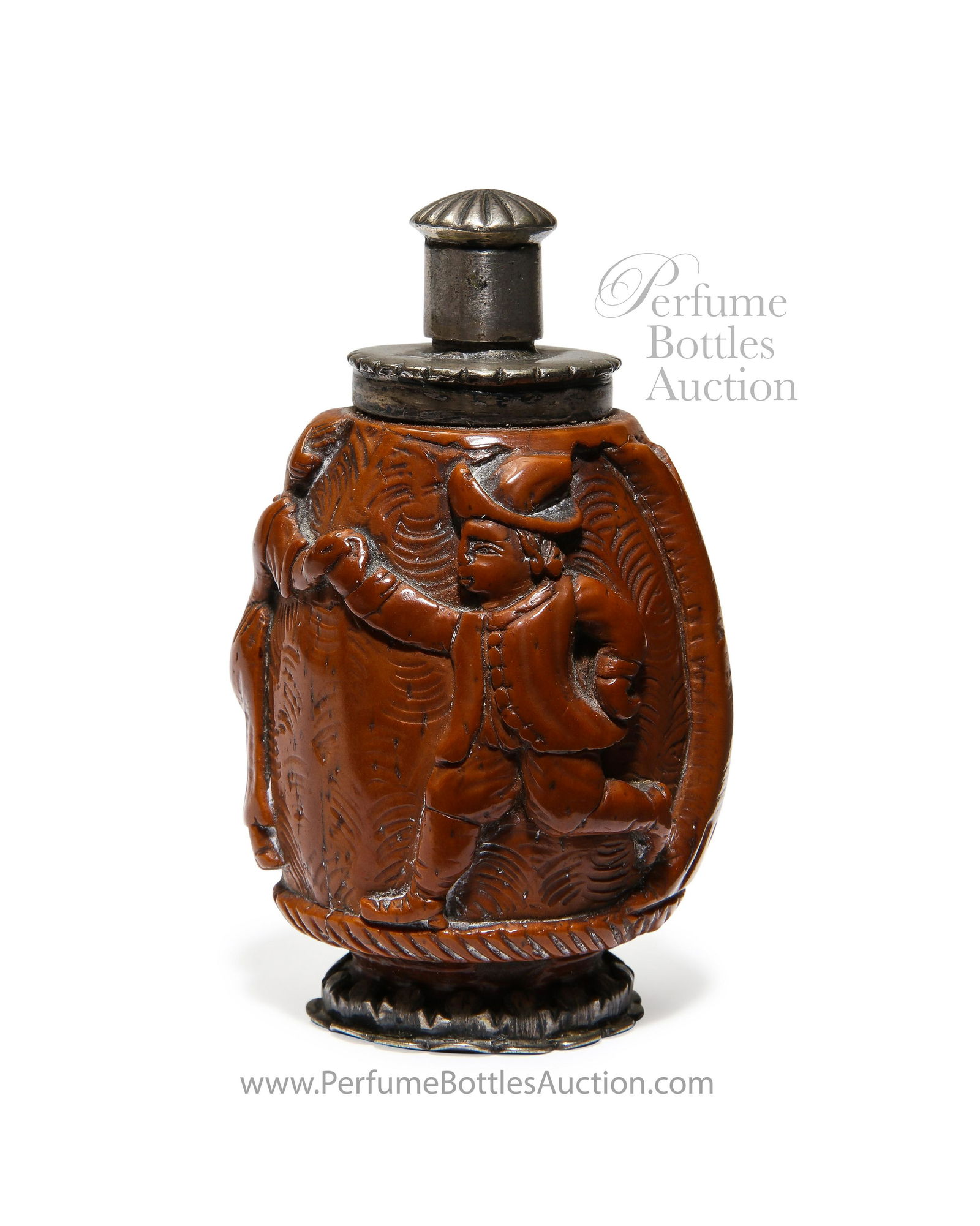 19th c. French Antique Scent Bottle Hand Carved: 19th c. French scent bottle (likely by a Mariner) hand carved tropical nut, three provincial figures dancing under tree, detailed silver base, collar and screw cap. 2 1/2 in.