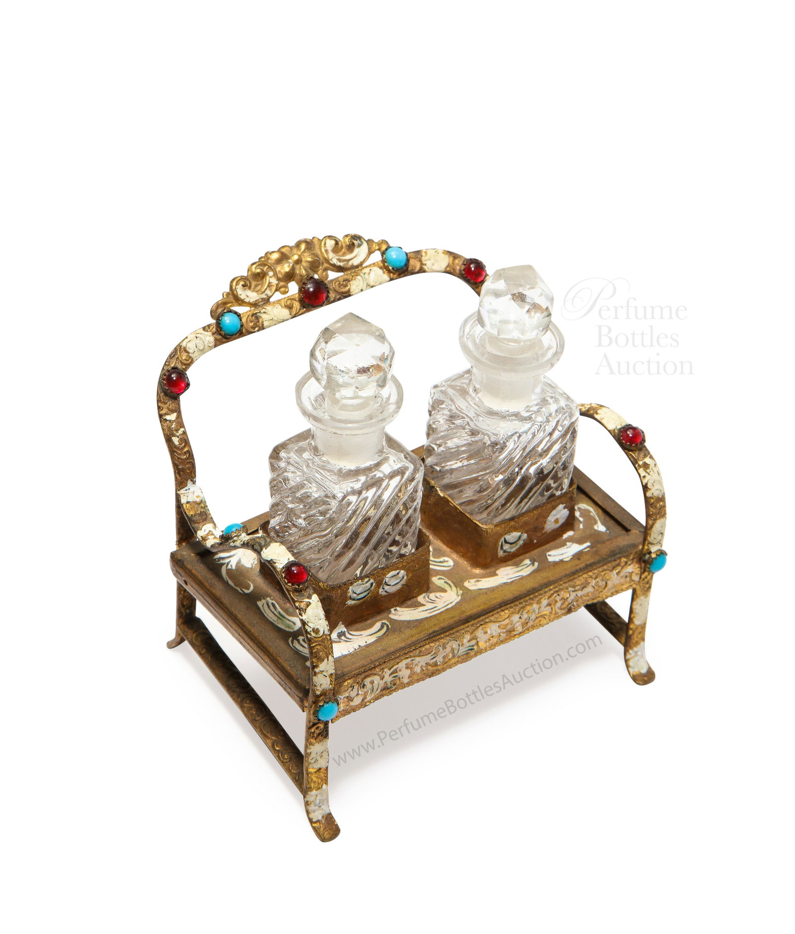 Palais Royal Gilt Metal Loveseat, 2 Baccarat scent: 19th c. Palais Royal gilt metal loveseat, enameled and jeweled, two Baccarat perfume bottles, facet stoppers. Bottle 2 1/4 in