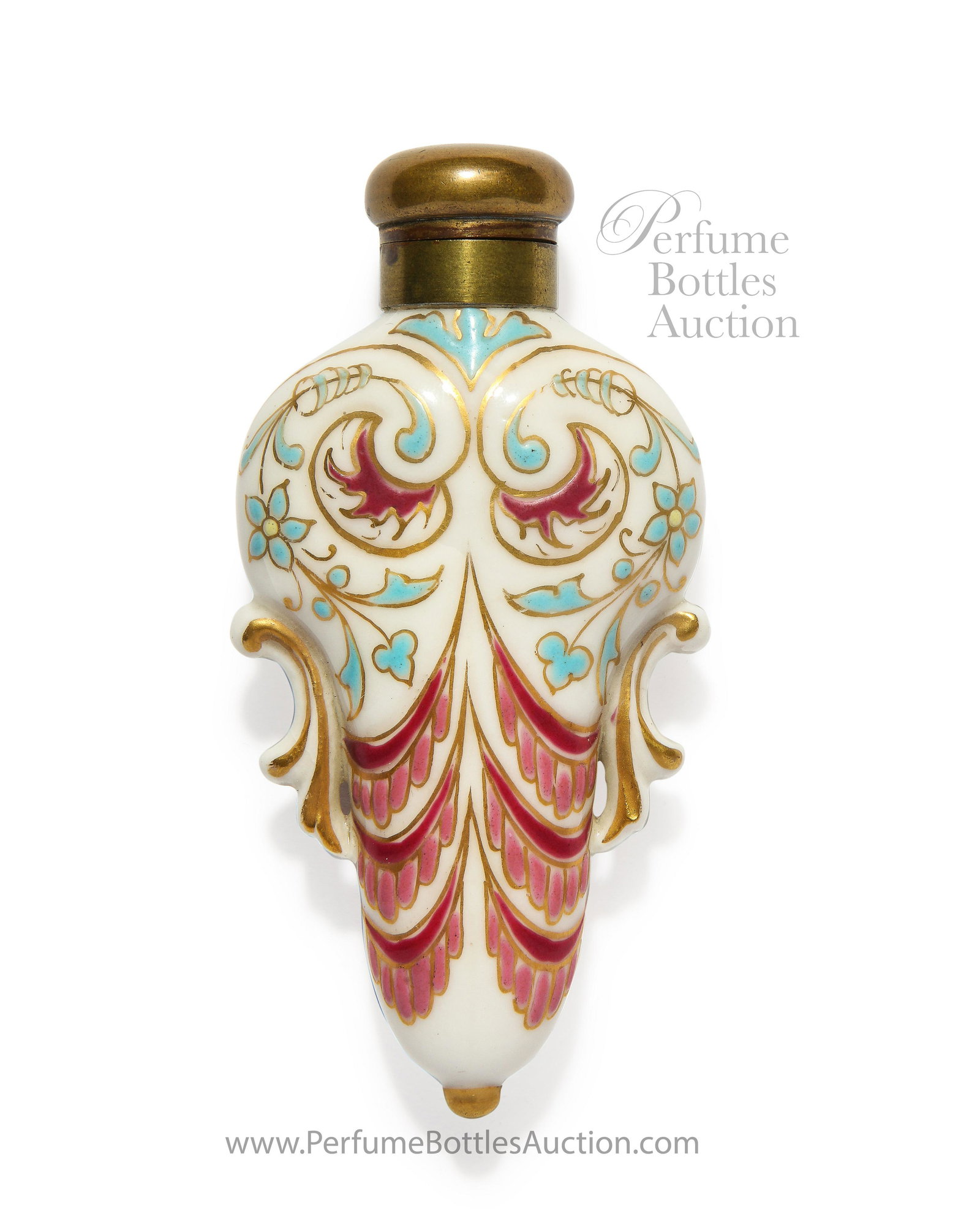 1870s Royal Worcester Antique Scent Bottle, Ivory: 1870s Royal Worcester ivory porcelain scent bottle, enameled floral flourishes and drapery decoration, brass collar, pressure screw cap. 3 1/2 in.