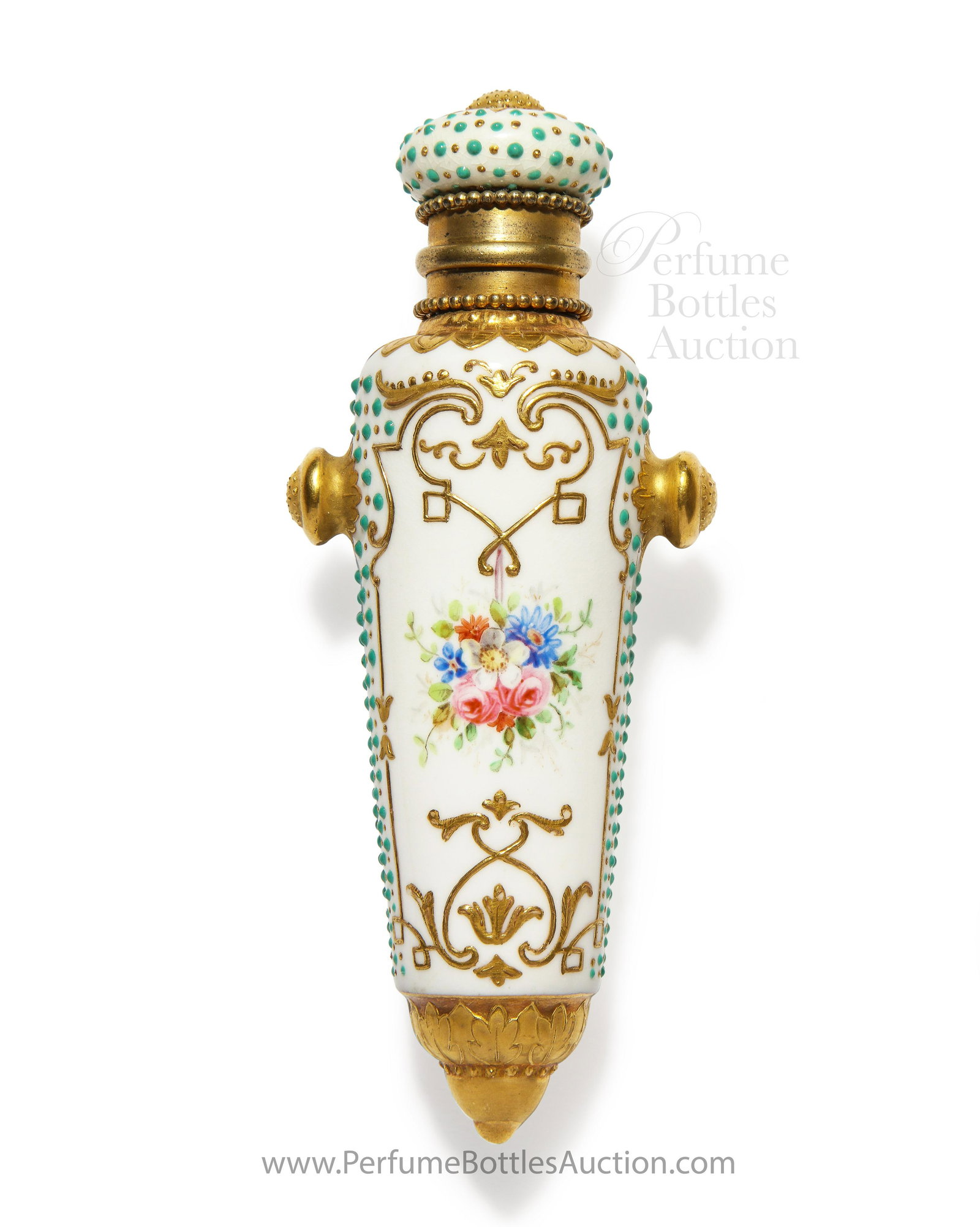 1870s Coalport Scent Bottle, Floral on Antique Ivory: 1870s English, Coalport scent bottle, ivory porcelain ground, floral image front, bow and quiver image to reverse, enamel “jewels,” gilt detail and hinged metal mount, pressure cap. 4 1/2 in.