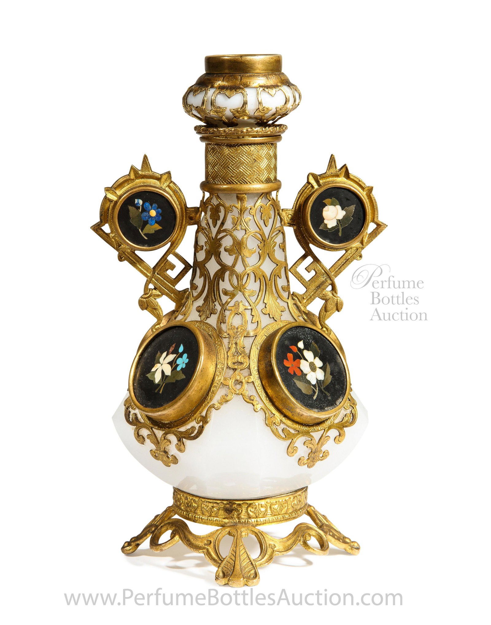 19th c. Palais Royal Perfume Bottle, Opaline glass,: 19th c. Palais Royal perfume bottle and stopper, white opaline glass, engraved gilt metalwork mounts frame nine floral pietra-dura plaques. 6 7/8 in.
