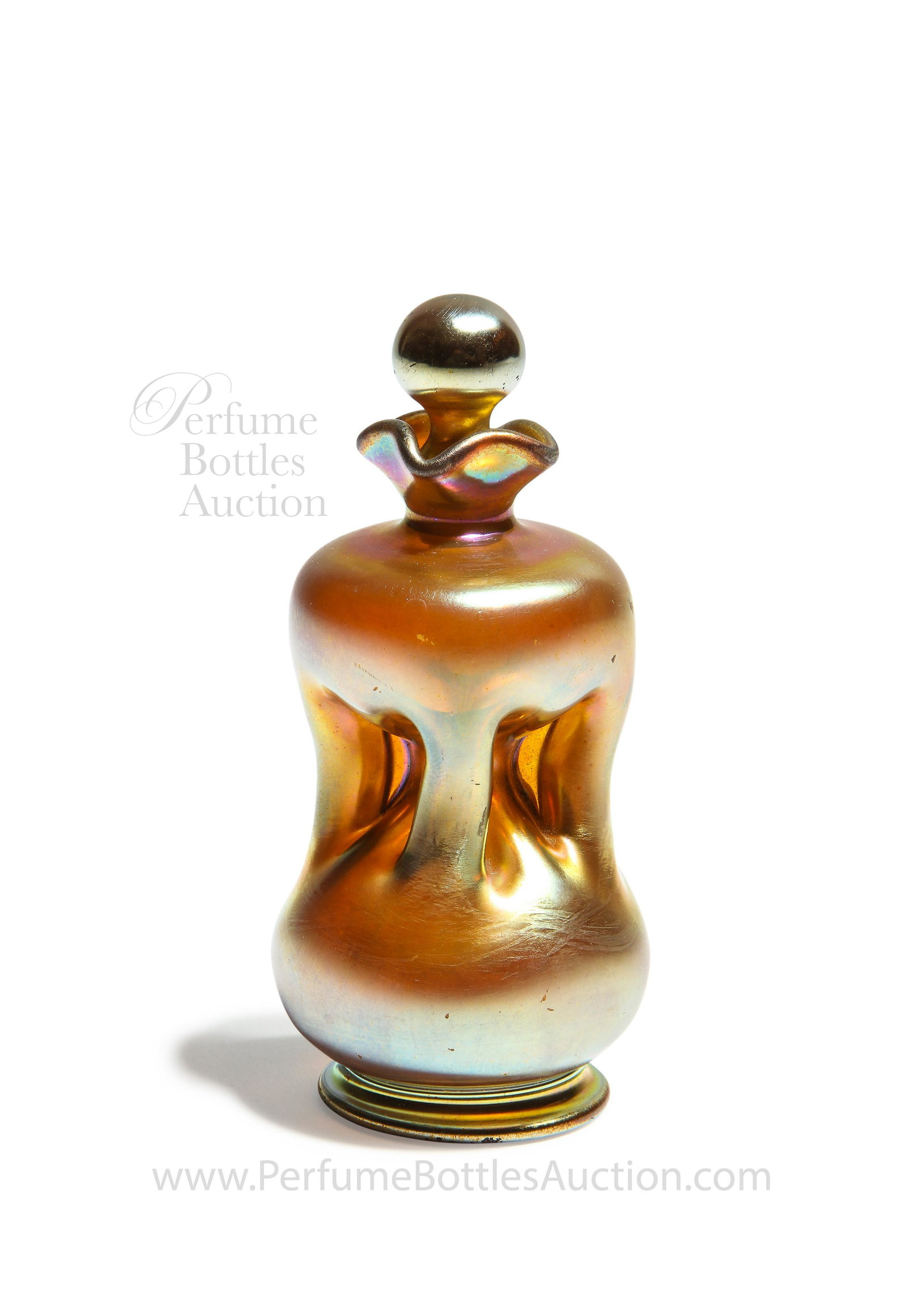 1920s Steuben Gold Aurene Pinched Miniature Perfume: 1920s Steuben gold aurene pinched-form miniature perfume bottle and ball stopper. Aurene mark and shape numbers. 3 1/4 in