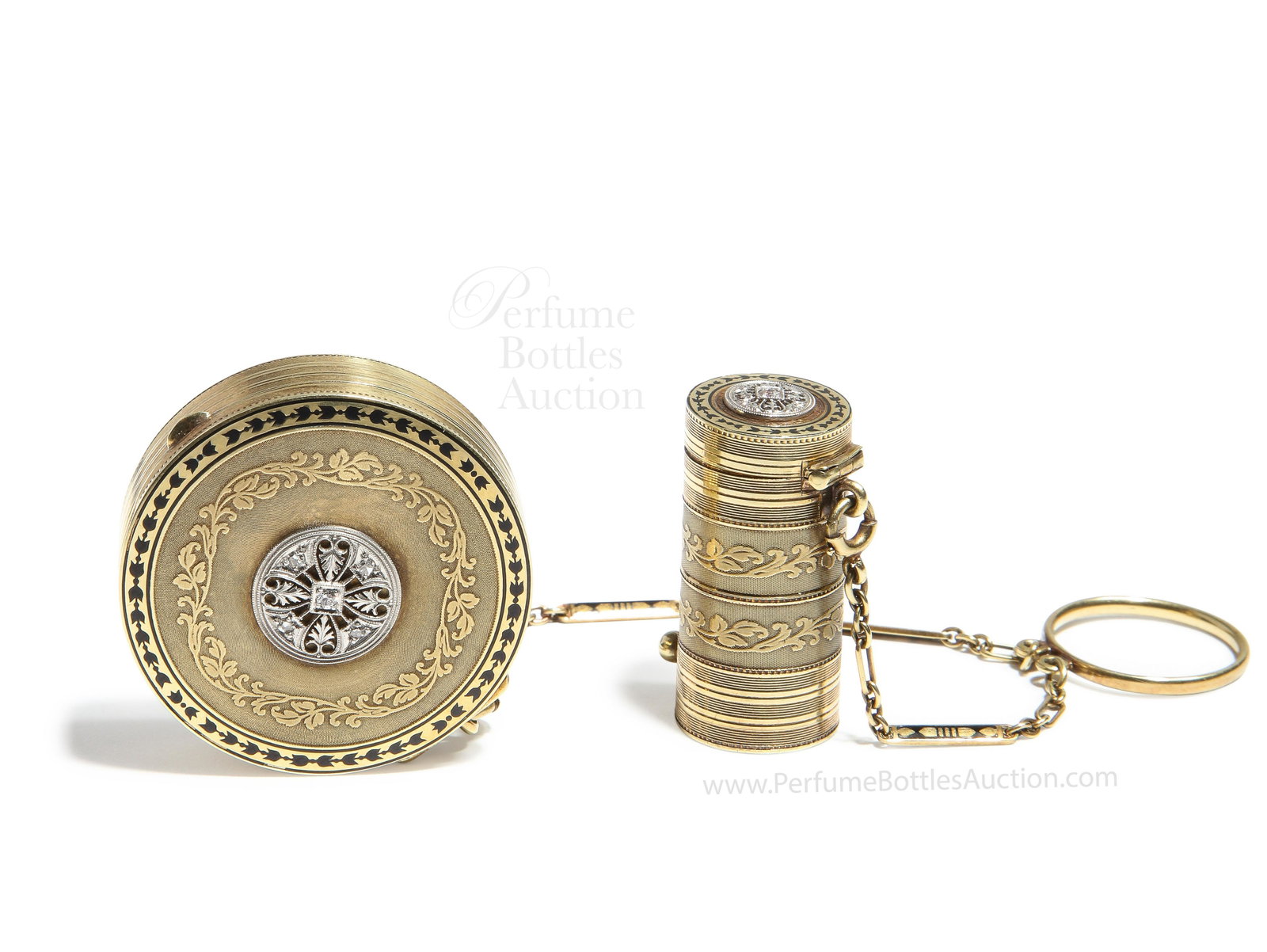 c1910 Tiffany & Co. 14K Gold Diamond Compact and: c1910 Tiffany & Co. 14K yellow gold compact and lipstick, engraved, embossed, enameled, applied white gold filigree with diamonds. Darkening to mirror. Tiffany and gold marks. Compact 1 1/2 in.
