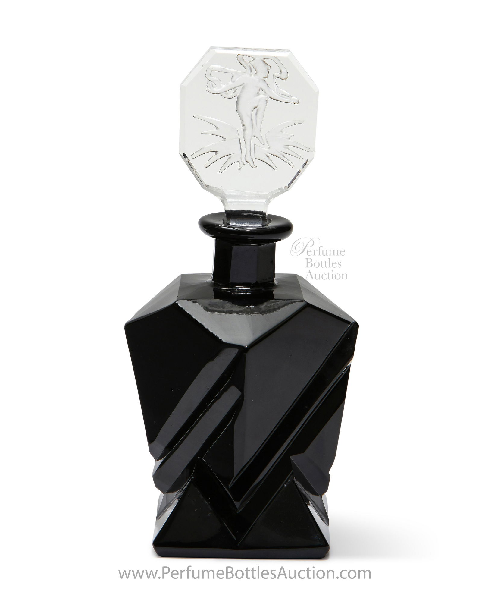 1920s 1930s Czech crystal perfume bottle, Curt: 1920s 1930s Czechoslovakian, Curt Schlevogt “Ingrid line” black crystal perfume bottle, clear intaglio stopper, dauber. MIC in lines. 5 1/2 in.