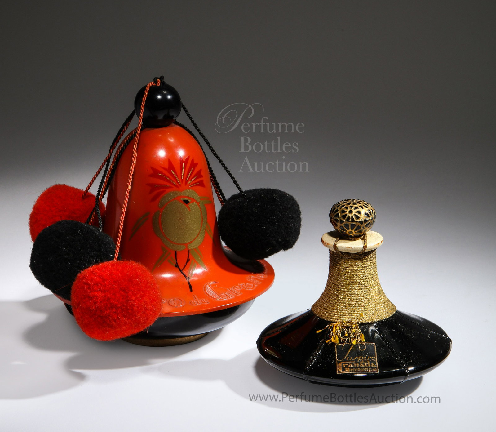 1922 J. Viard Art Deco Perfume Bottle for Myrurgia: 1922 J. Viard for Myrurgia Suspiro de Granada (Sigh of Granada) black glass perfume bottle and stopper, leather and cord seal, label, elaborate Bakelite box with pompoms. *Bottle and box J. Viard desi