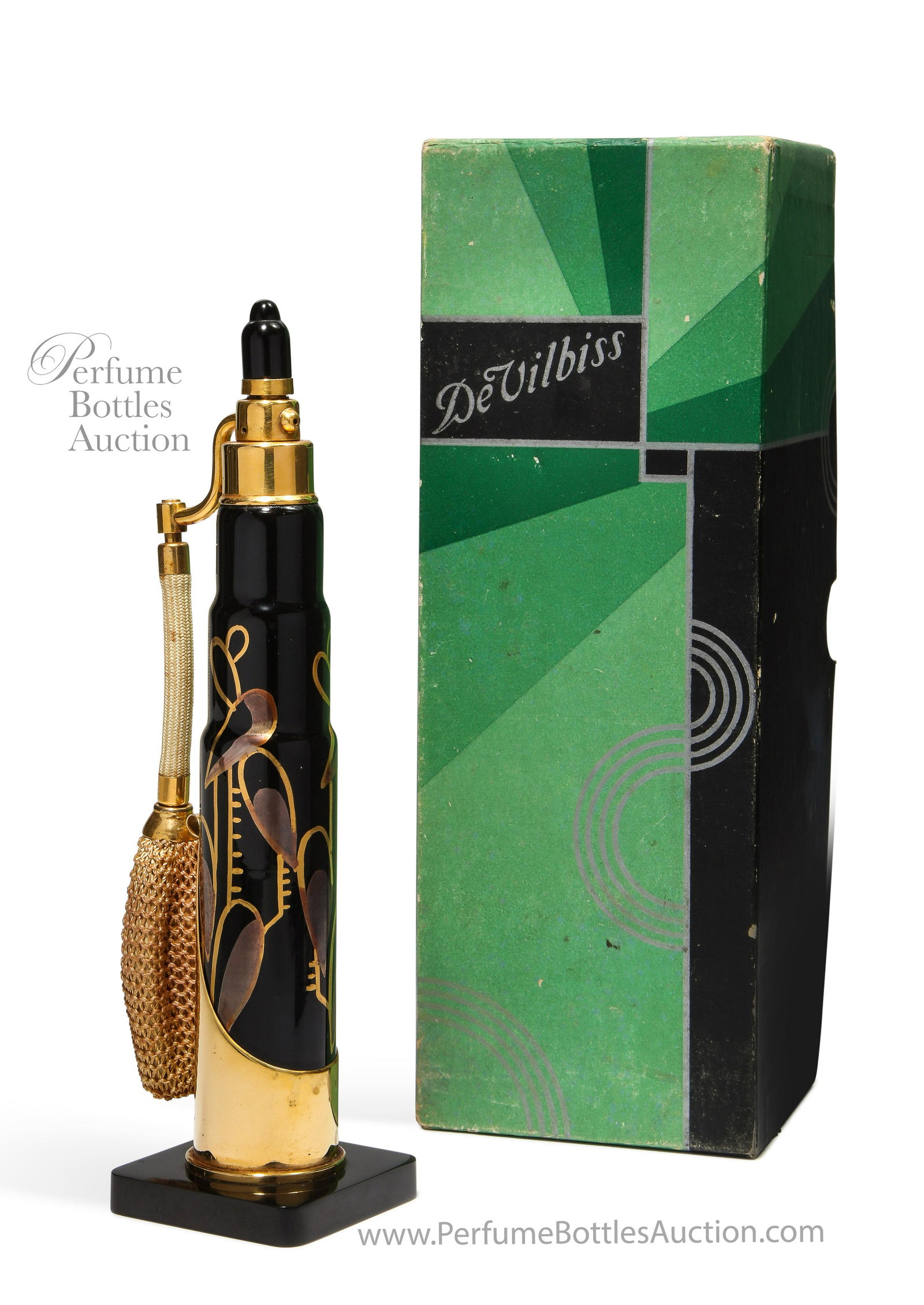 1930 DeVilbiss Art Deco Perfume Atomizer, Black Glass: 1930 DeVilbiss Art Deco atomizer, black glass, gold and platinum decoration, gilt hardware and holder, Bakelite finial and base, original hand crocheted silk net, box. *Platinum was used in the surfac