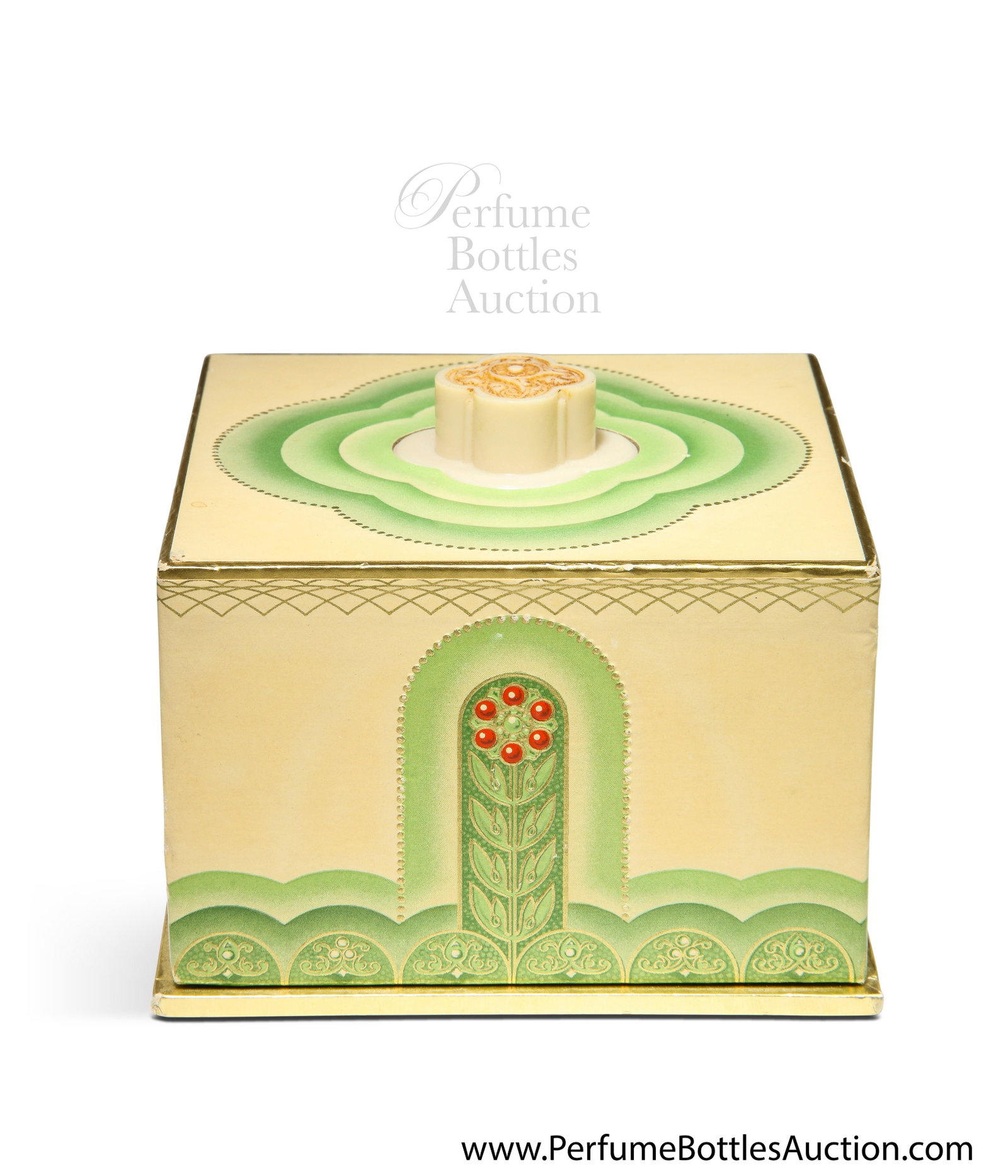 1920s Marie Earle “Perfection” Art Deco Face Powder Box: 1920s Marie Earle “Perfection” face powder box, embossed printed paper, Ivory-tone Bakelite handle, original puff and contents. H. 3 1/4 in.