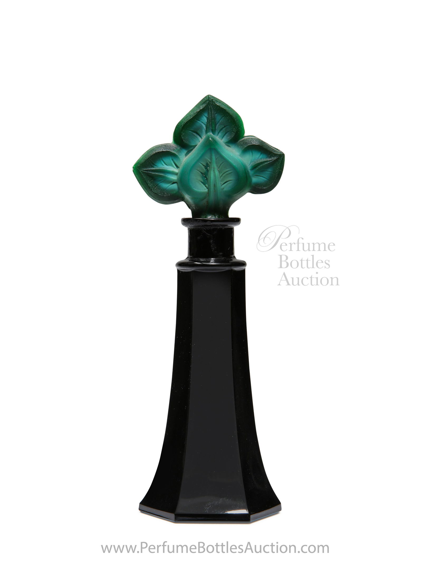 c1930 Czechoslovakia, Hoffmann crystal perfume bottle: c1930 Czechoslovakian, Heinrich Hoffmann black crystal perfume bottle, jade crystal stopper, dauber. MIC in lines. 6 in.