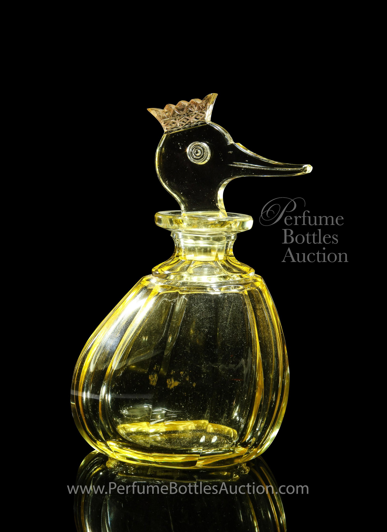 c1935 Czechoslovakian, Gebruder Feix, crystal duck: c1935 Czechoslovakian, Gebruder Feix lemon yellow crystal figural perfume bottle and stopper, as a whimsical duck wearing crown. 6 5/8 in