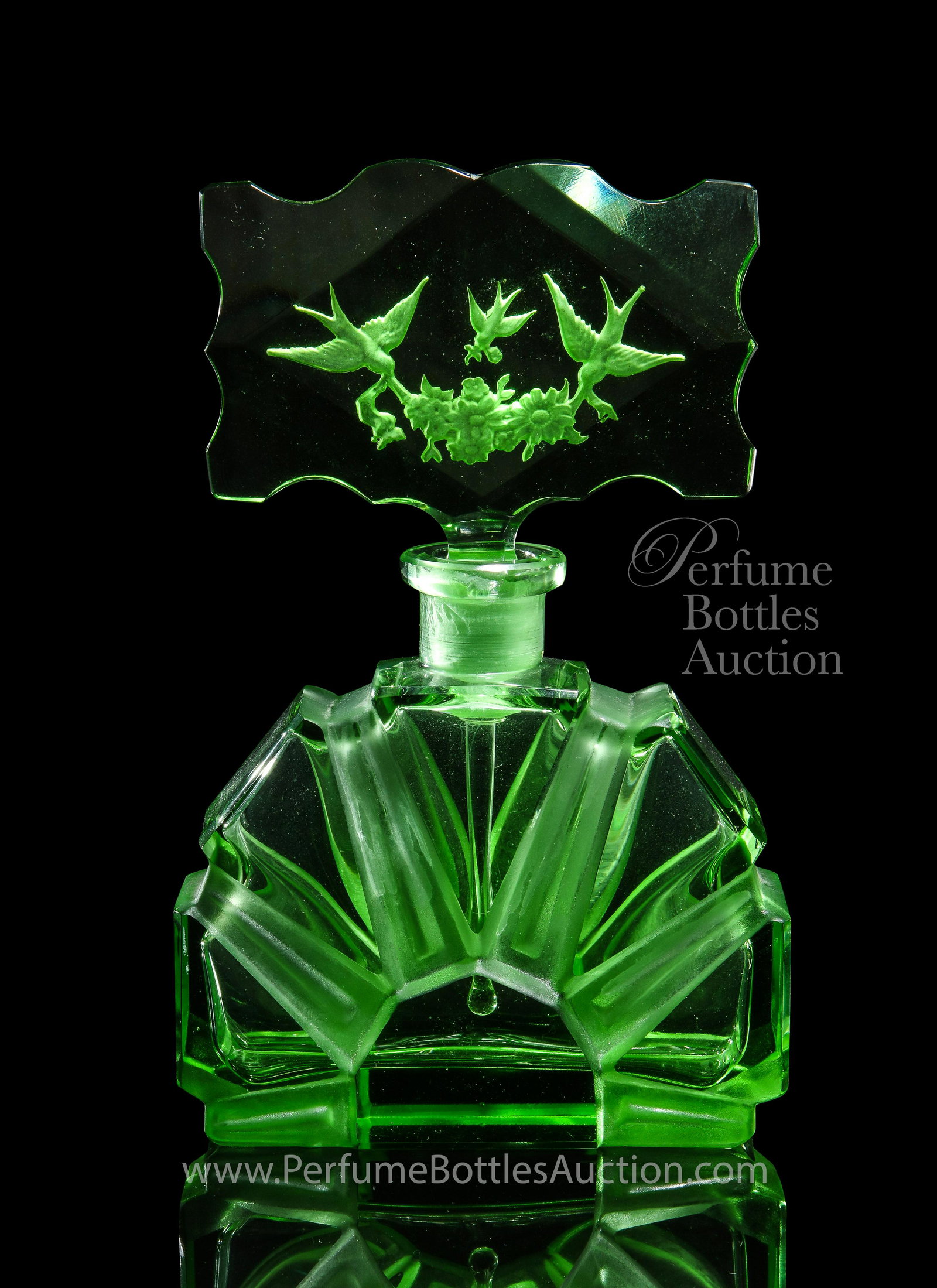 c1930 Czechoslovakian clear/frost green crystal perfume: c1930 Czechoslovakian clear/frost green crystal perfume bottle and intaglio stopper, dauber. 6 in.