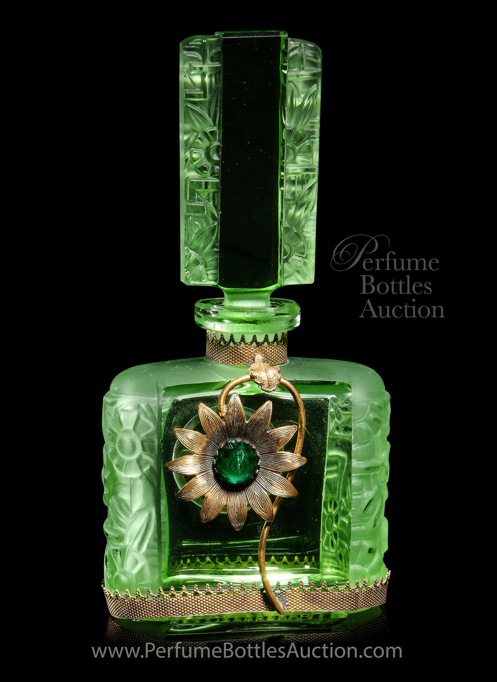 1930s Czechoslovakian, Curt Schlevogt Ingrid perfume: 1930s Czechoslovakian, Curt Schlevogt “Ingrid line” clear/frost green crystal perfume bottle and stopper, dauber stub, unusual gilt metalwork, green jewel. MIC in oval. 5 3/8 in.