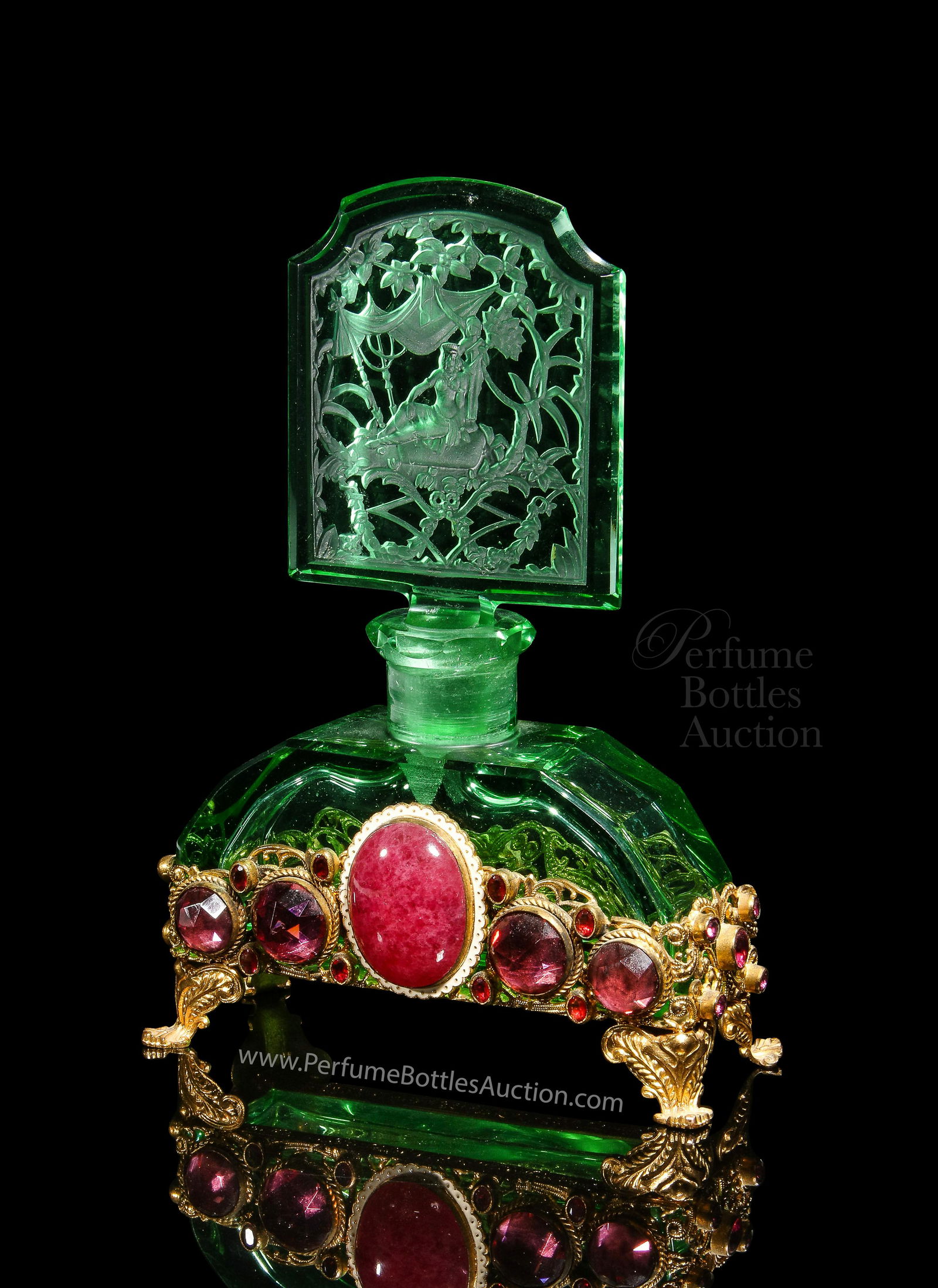 c1930 Czechoslovakian, Hoffmann green crystal perfume: c1930 Czechoslovakian, Heinrich Hoffmann green crystal perfume bottle and intaglio stopper, jeweled gilt metalwork. 5 1/2 in.
