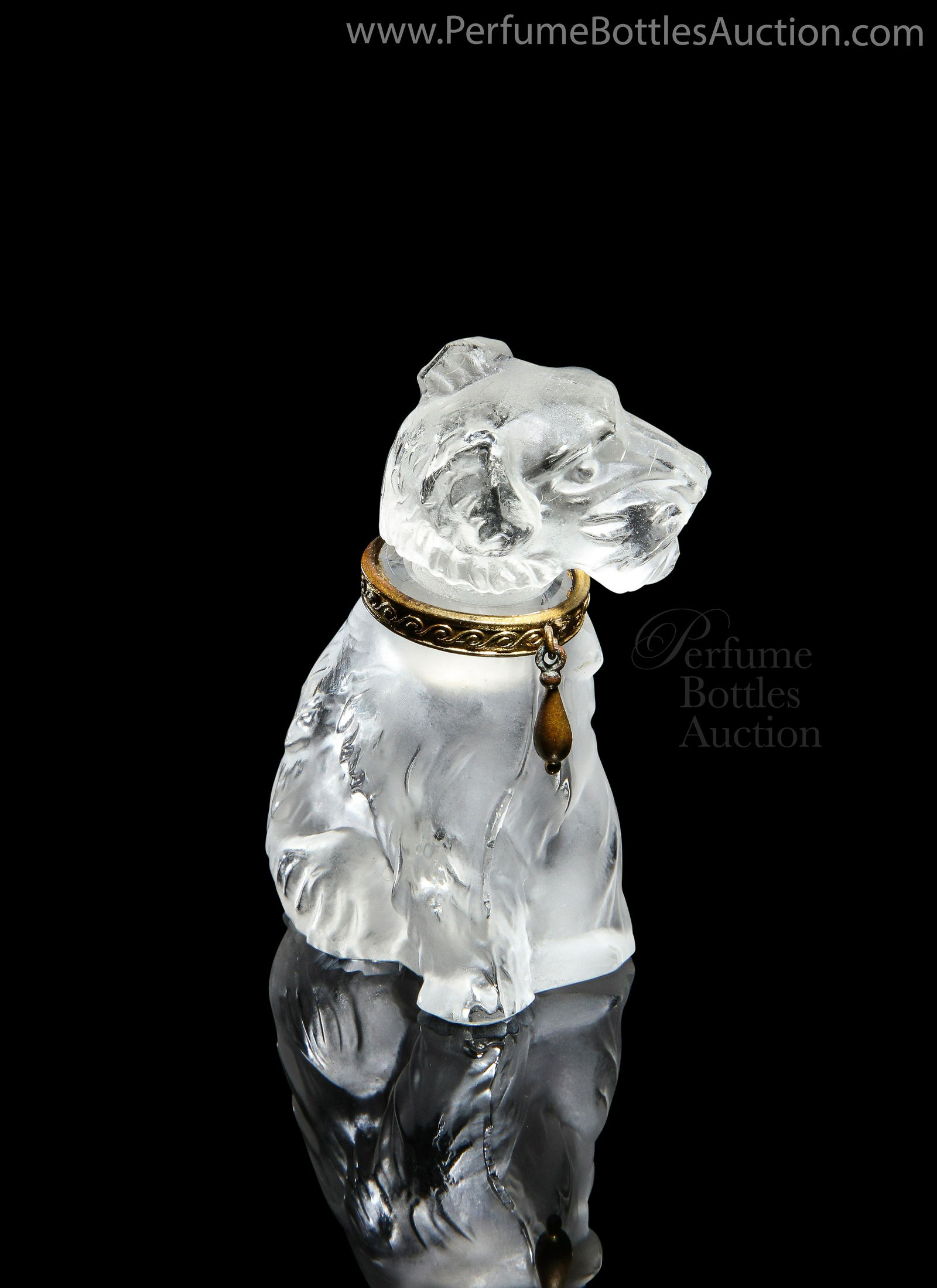 1930s Czech Curt Schlevogt Ingrid dog perfume bottle: 1930s Czechoslovakian, Curt Schlevogt “Ingrid line” clear/frost crystal figural dog perfume bottle and stopper, dauber stub, metal collar. Ingrid mark. 1 3/4 in.