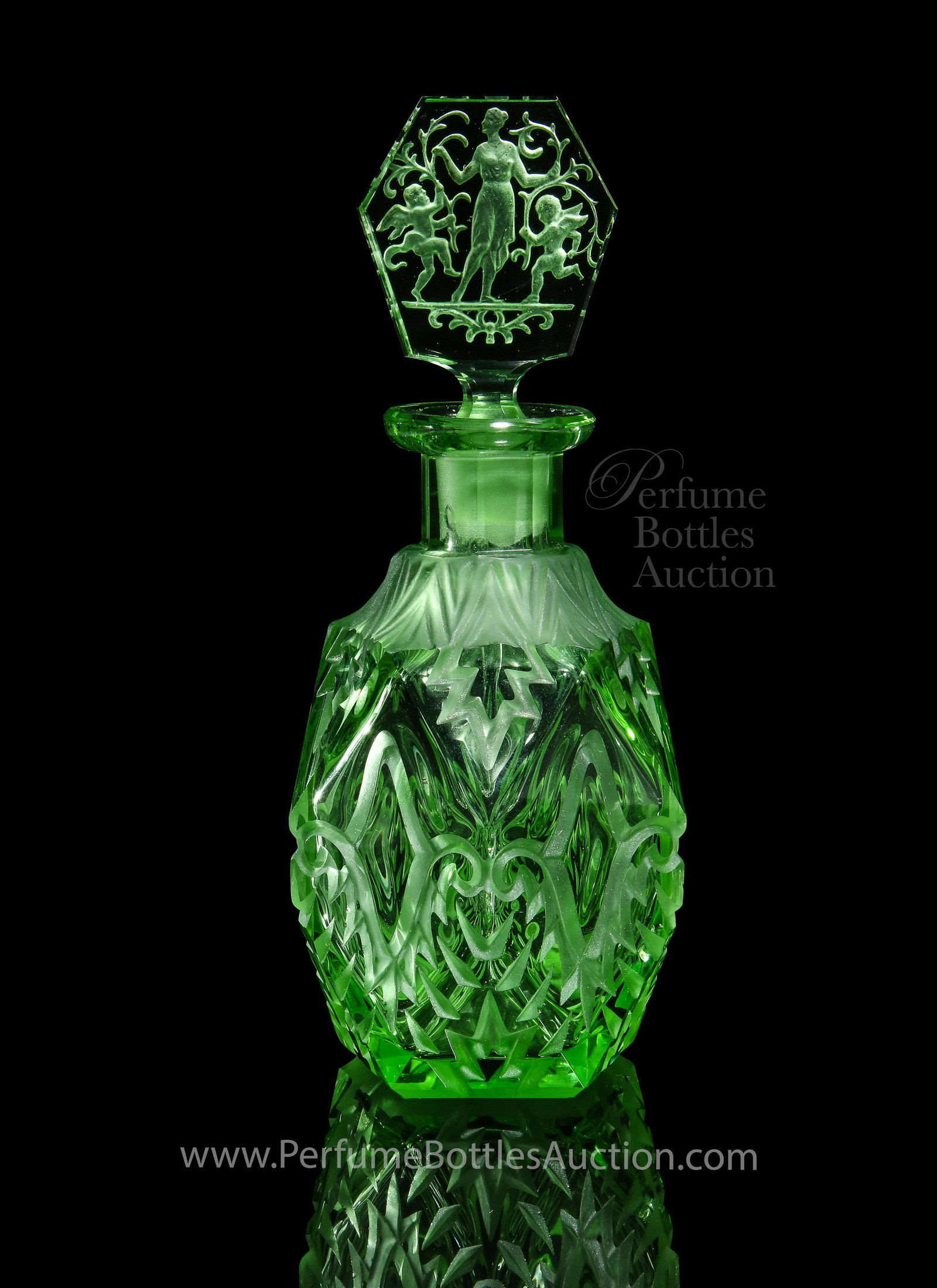 1930s Czechoslovakian, Josef Schmidt green perfume: 1930s Czechoslovakian, Josef Schmidt green crystal perfume bottle and intaglio stopper. MIC in lines. 6 1/2 in.