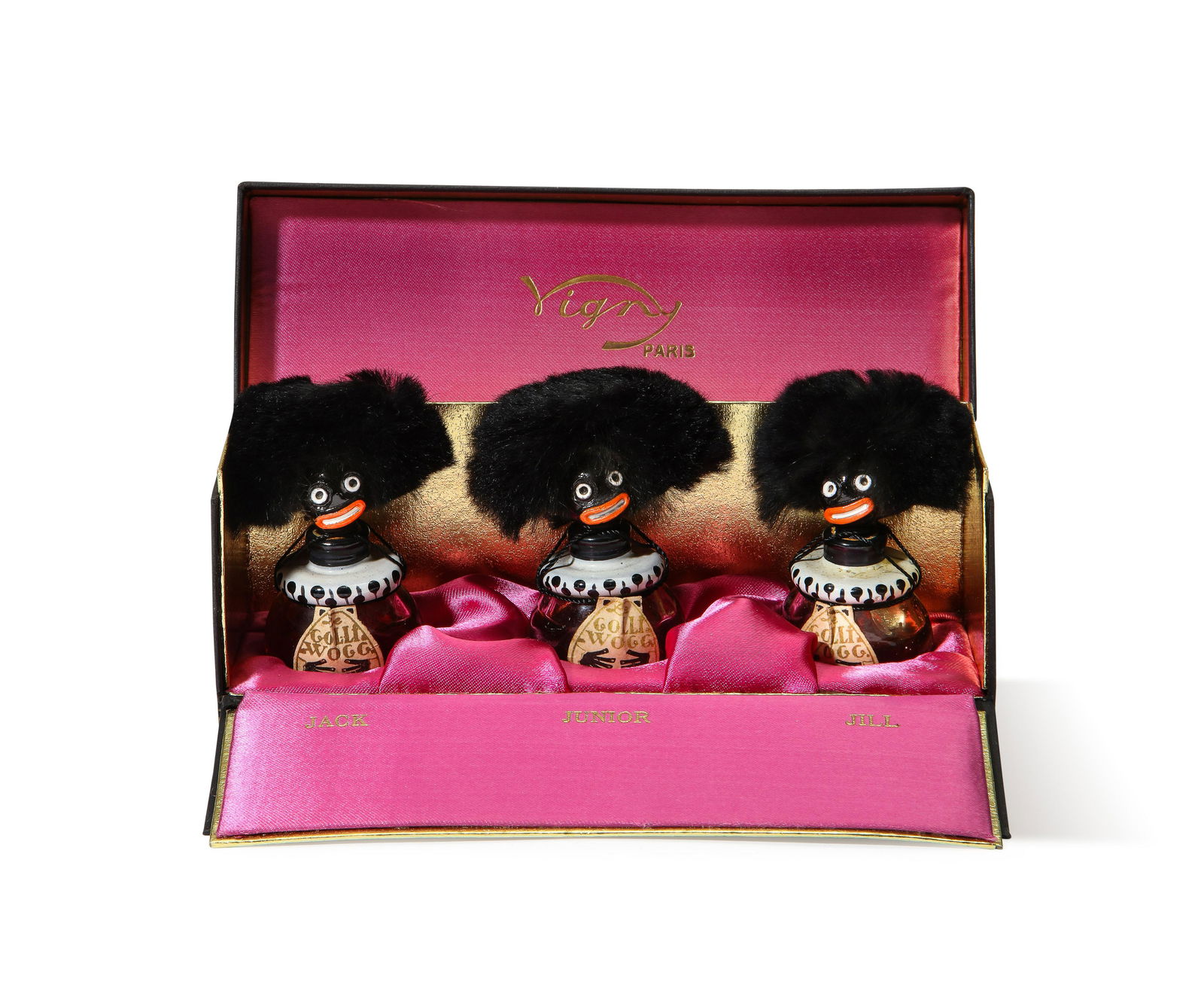 1926 Vigny “Jack, Jill, Junior” French Perfume Bottles: 1926 Vigny “Jack, Jill, Junior” presentation, three Le Golliwogg perfume bottles, clear glass, black glass stoppers, enameled detail, fur, cord sealed, label, box. 2 1/4 in. *Please Note - Because