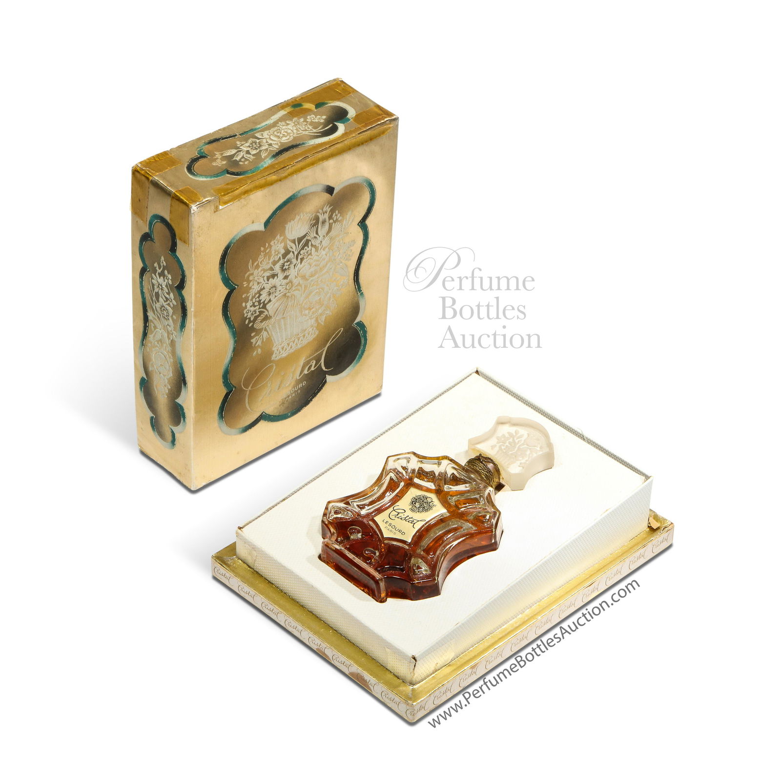 1953 Lesourd Cristal Perfume Bottle w/Box: 1953 Lesourd Cristal clear glass perfume bottle, frost edged intaglio stopper, cord seal, label, box (some paper loss and old tape). 4 7/8 in.