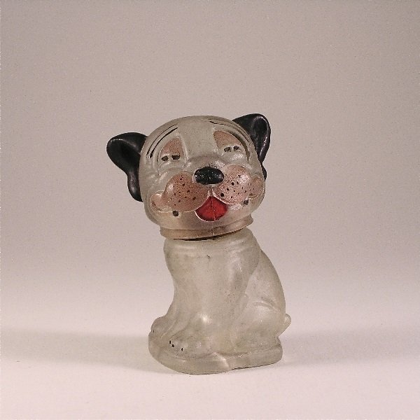 1920 Potter and Moore Bonzo Perfume Bottle: 134. 1920 Potter and Moore Bonzo perfume bottle in frosted glass, screw cap, enameled detail, molded label. 3 in.