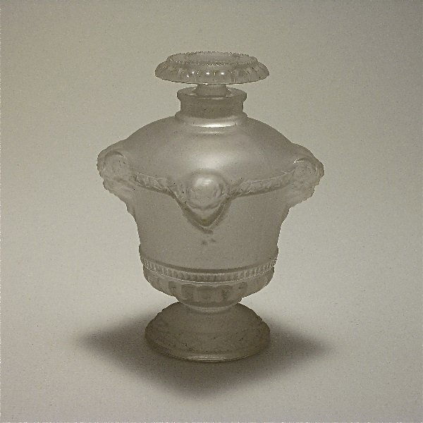 R. Lalique 1925 Guerlain Perfume Bottle: 210. R. Lalique 1925 Guerlain Bouquet de Faunes perfume bottle and stopper in frosted glass. 4 in.