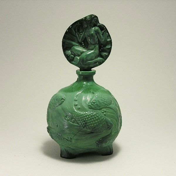 Vintage 1930s Malachite Czech Perfume Bottle: 318. 1930s Ingrid perfume bottle in malachite crystal with dauber. Ingrid mark. 7 1/2 in.